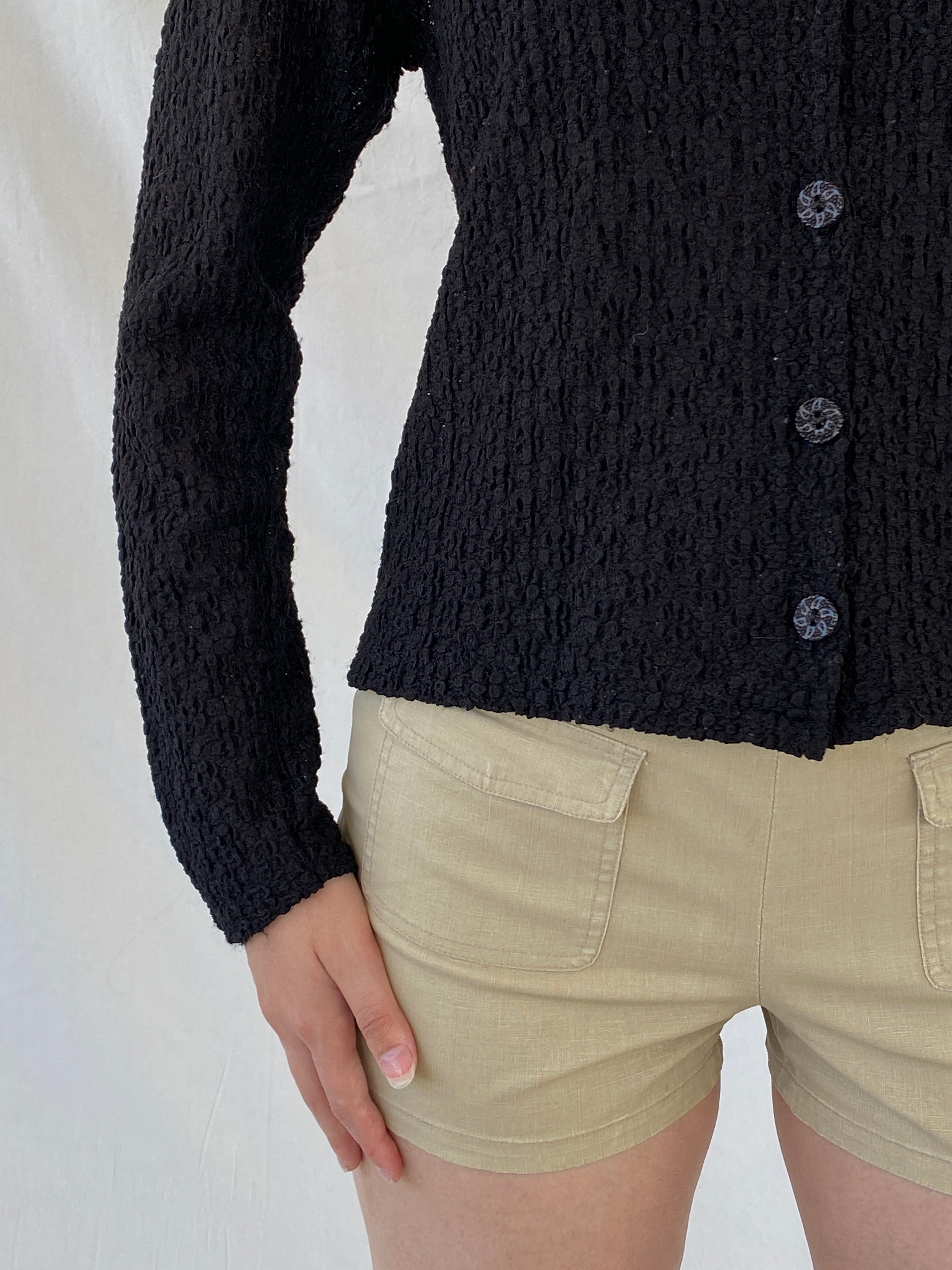 Vintage Black Crinkle Knit Cardigan Textured Long Sleeve Shirt - M - Balagan Vintage Full Sleeve Shirt 00s, Ayah, full sleeve shirt, NEW IN, Office core, summer
