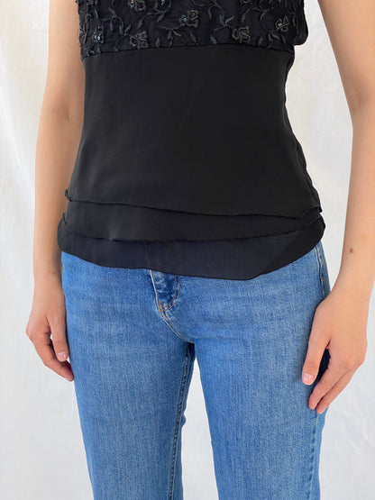 Vintage Black Embroidered Chiffon Camisole Beaded Cami Top - M - Balagan Vintage Cami 00s, Ayah, Cami, floral embroidery, summer, women top