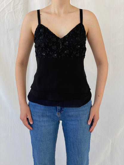 Vintage Black Embroidered Chiffon Camisole Beaded Cami Top - M - Balagan Vintage Cami 00s, Ayah, Cami, floral embroidery, summer, women top