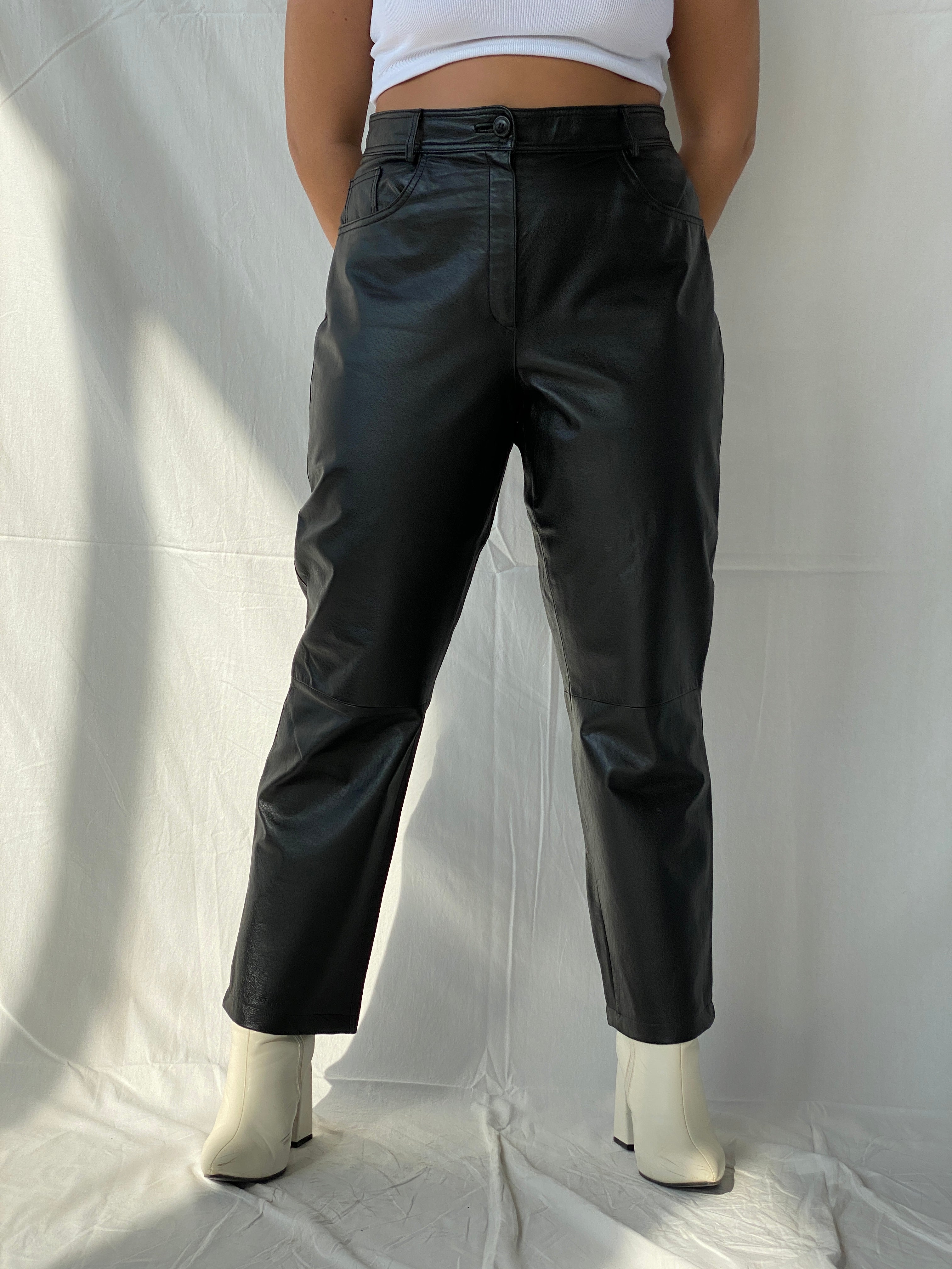 Vintage Black Genuine Leather Bikers High Rise Pants - L - Balagan Vintage Leather Pants black leather, Dina, genuine leather, leather pants