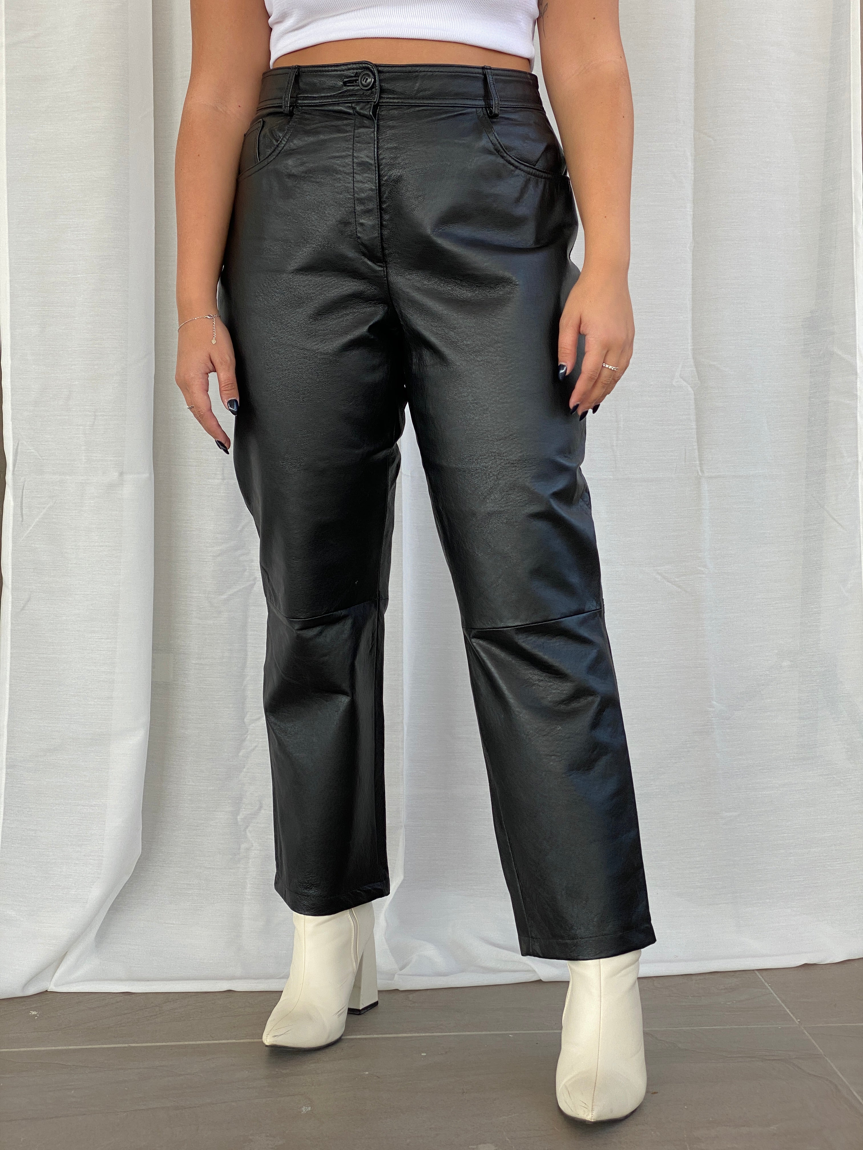 Vintage Black Genuine Leather Bikers High Rise Pants - L - Balagan Vintage Leather Pants black leather, Dina, genuine leather, leather pants