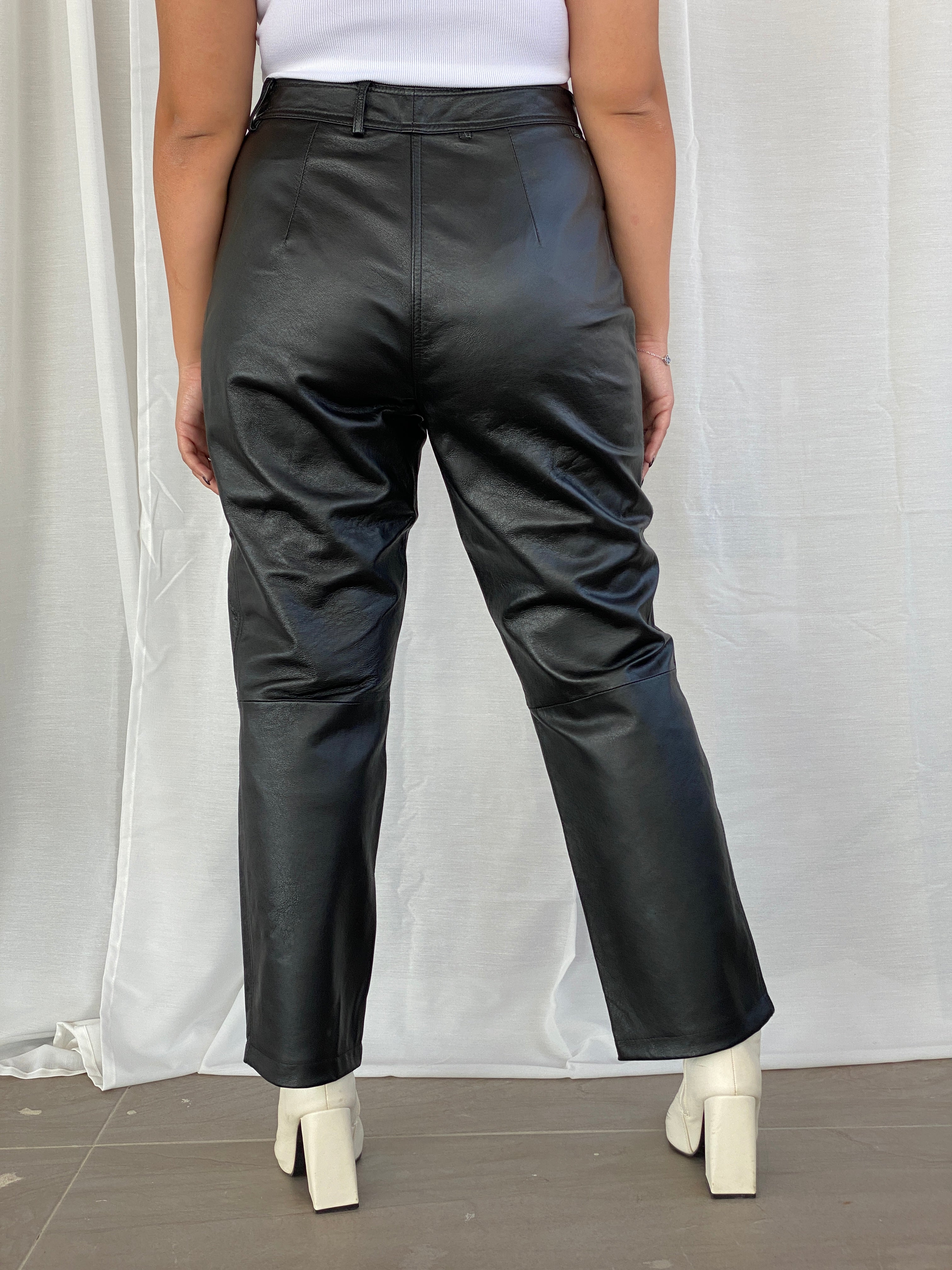 Vintage Black Genuine Leather Bikers High Rise Pants - L - Balagan Vintage Leather Pants black leather, Dina, genuine leather, leather pants