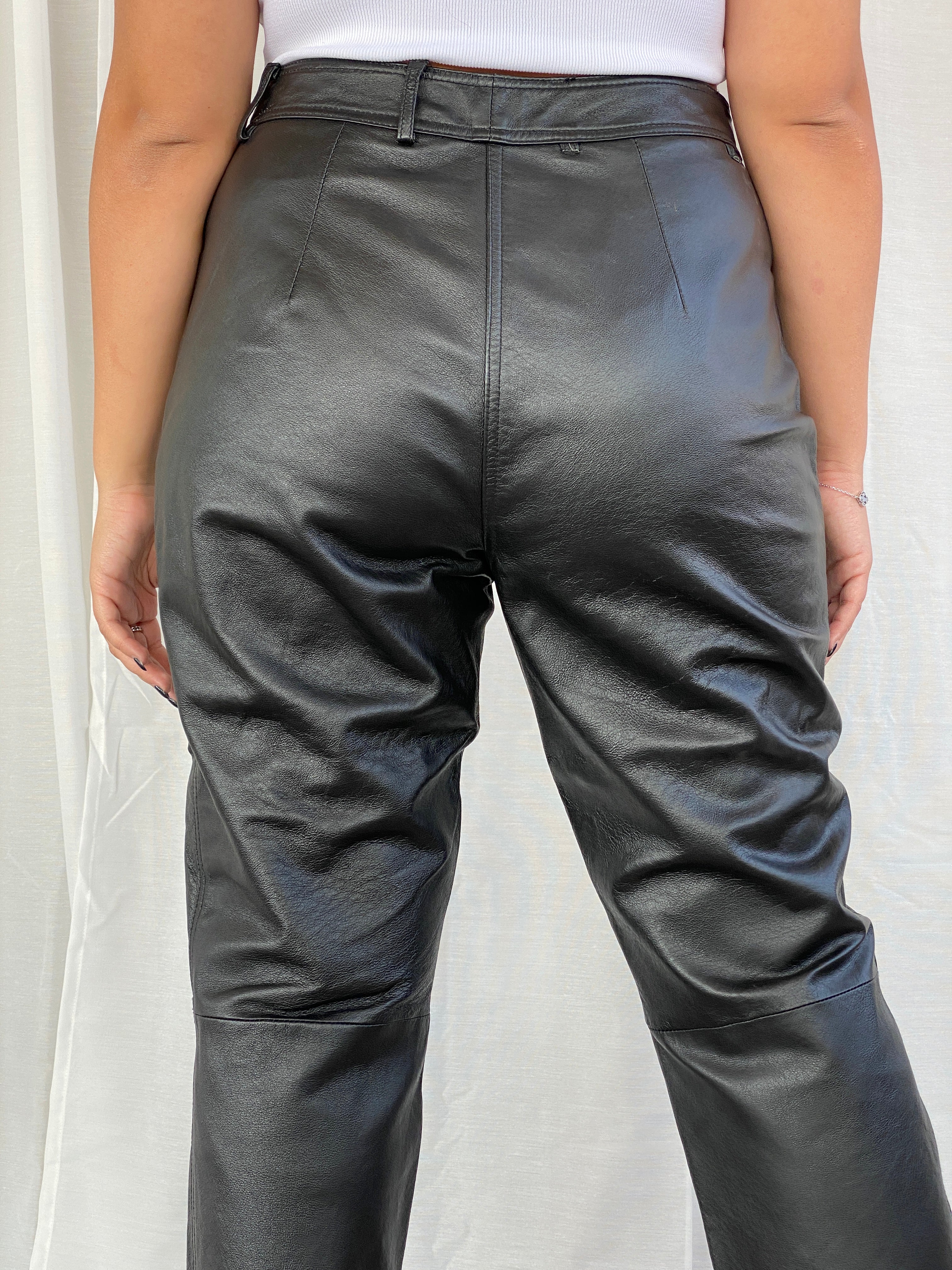 Vintage Black Genuine Leather Bikers High Rise Pants - L - Balagan Vintage Leather Pants black leather, Dina, genuine leather, leather pants