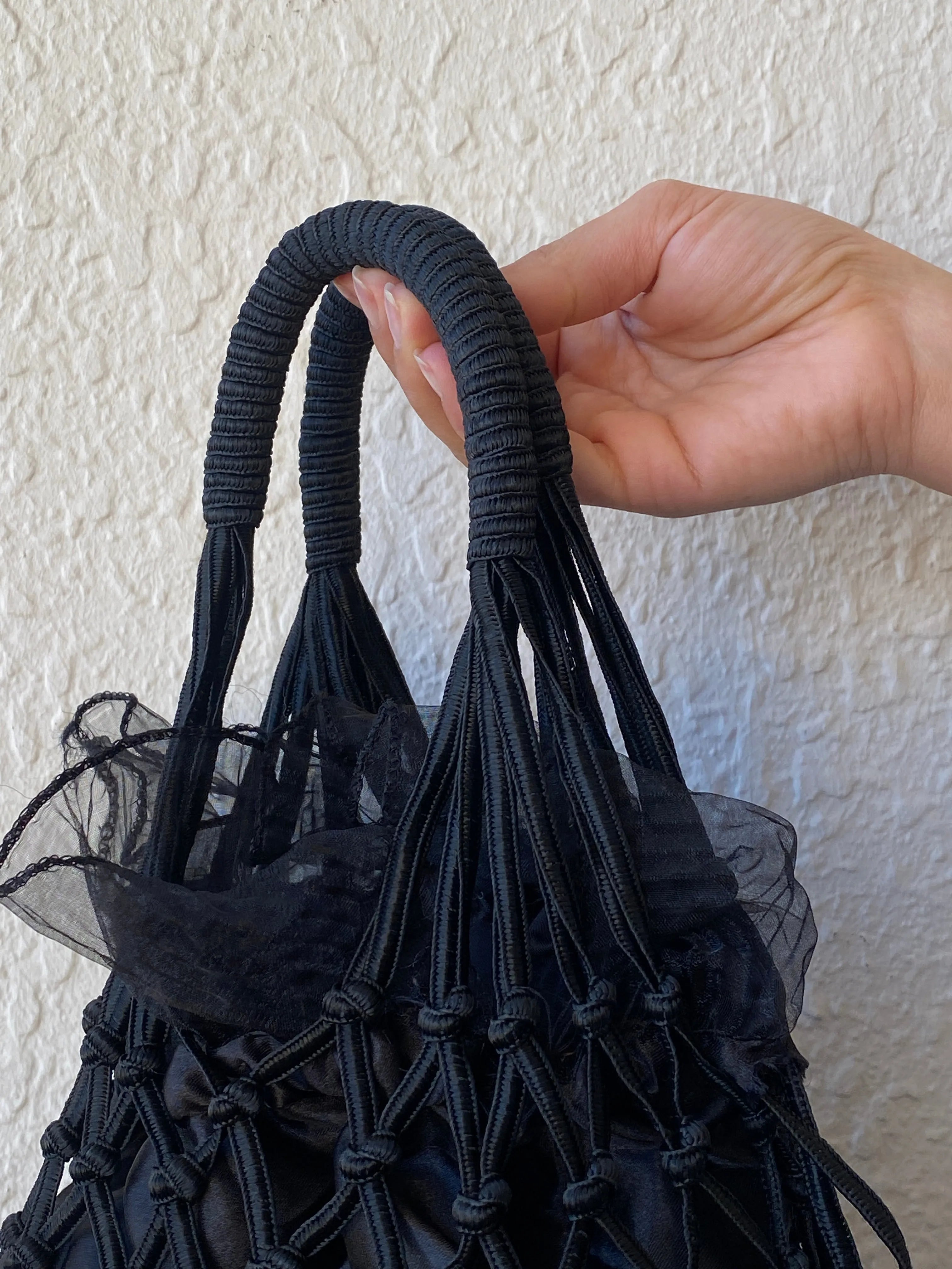 Vintage Black Macrame Woven Bridesmaid Tulle Lined Bag - Balagan Vintage Handbags 00s, bag, crochet, handbag
