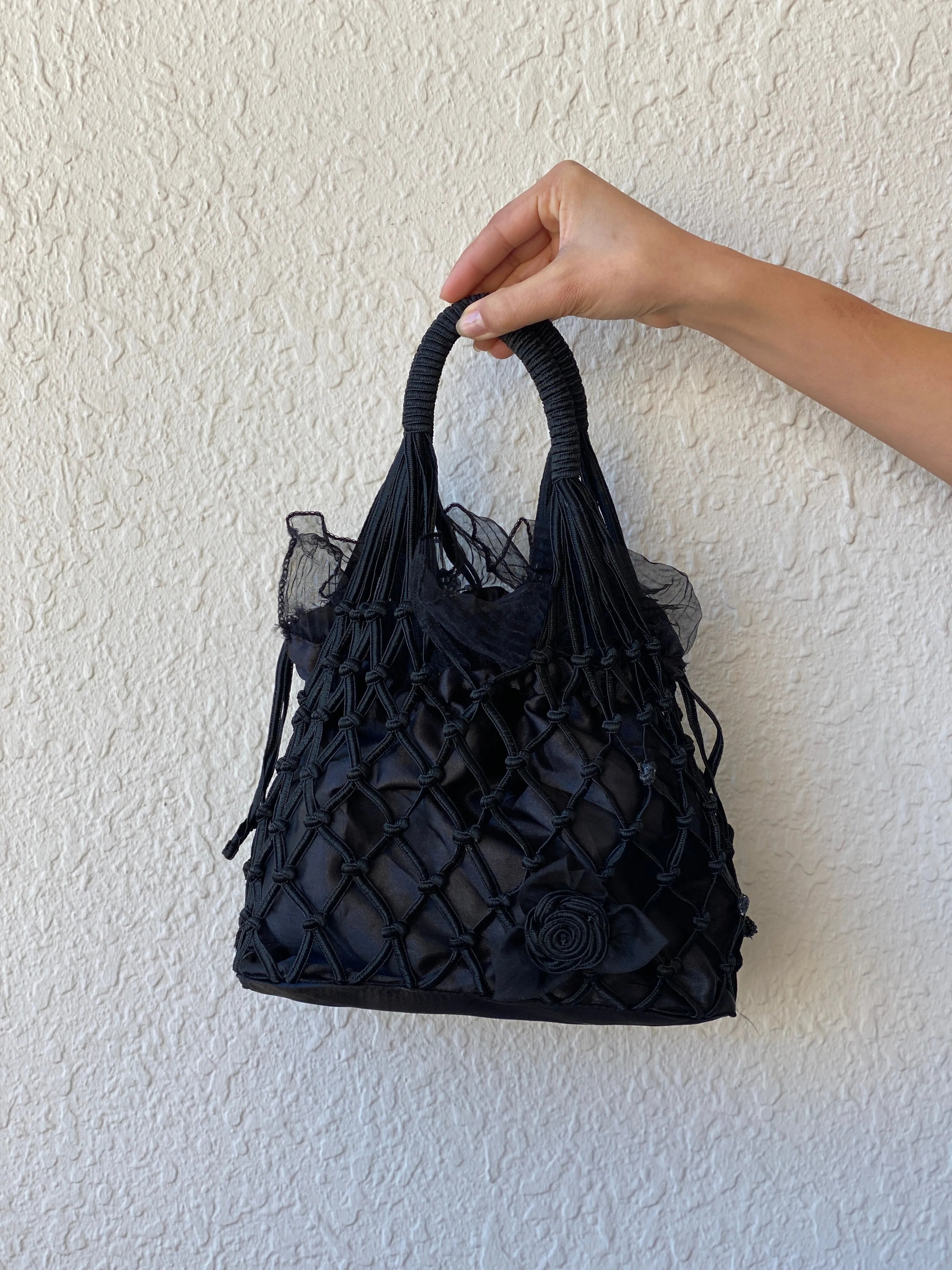 Vintage Black Macrame Woven Bridesmaid Tulle Lined Bag - Balagan Vintage Handbags 00s, bag, crochet, handbag
