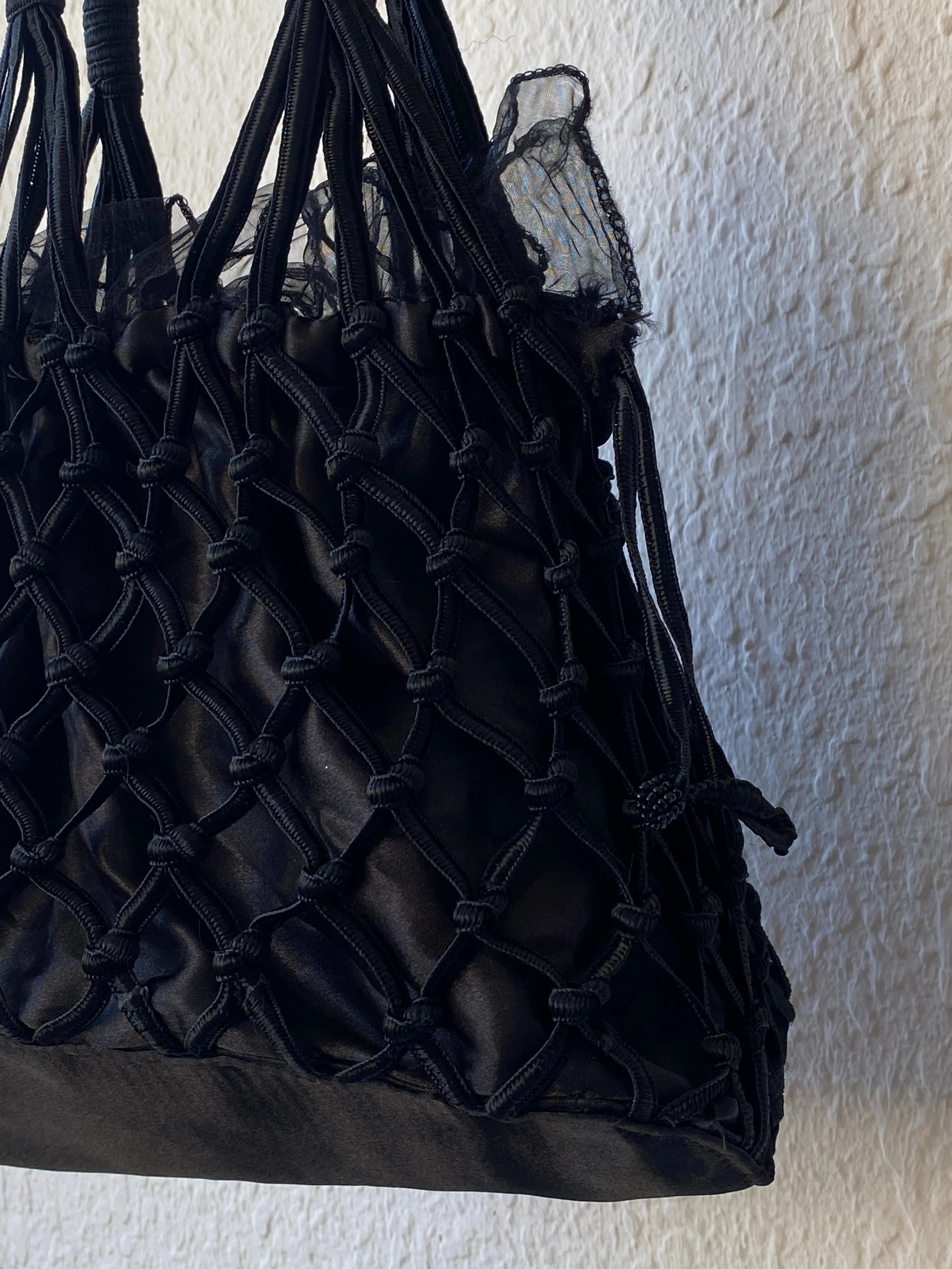 Vintage Black Macrame Woven Bridesmaid Tulle Lined Bag - Balagan Vintage Handbags 00s, bag, crochet, handbag