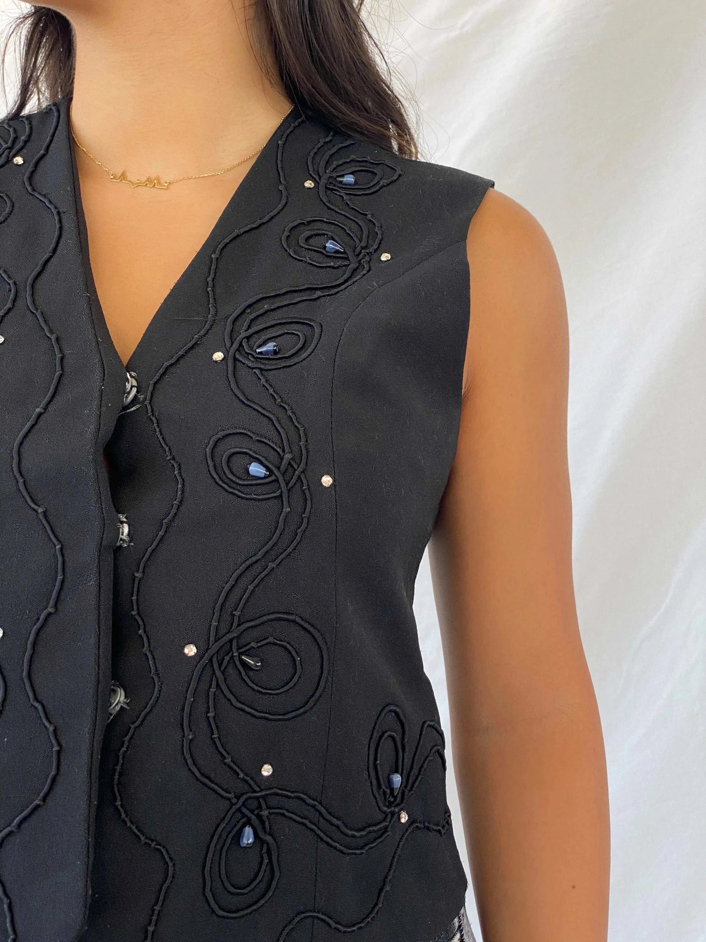 Vintage Black Vest With Intricate Beading - M - Balagan Vintage Sleeveless Top 00s, Lana, summer, vest