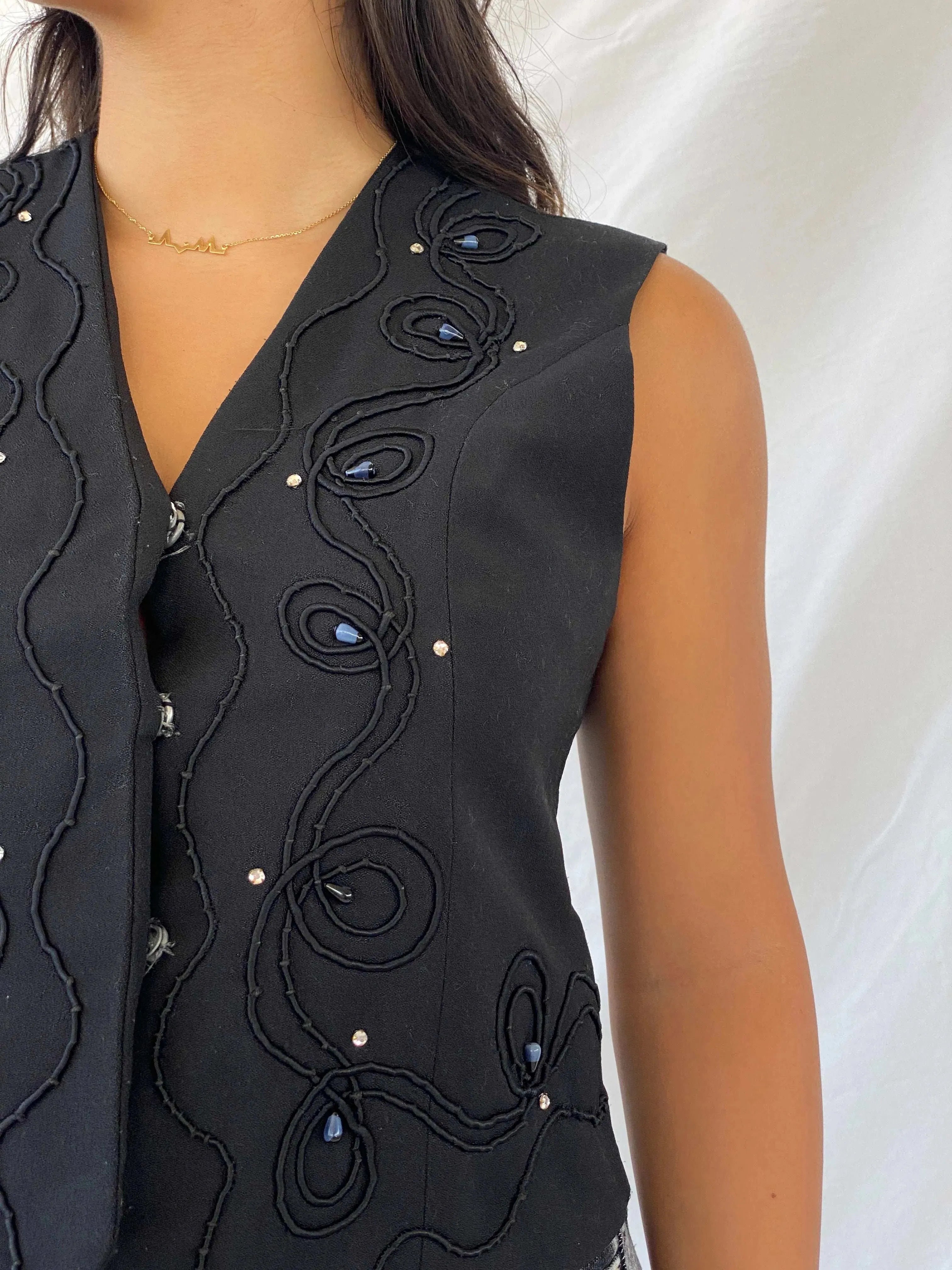 Vintage Black Vest With Intricate Beading - M - Balagan Vintage Sleeveless Top 00s, Lana, summer, vest