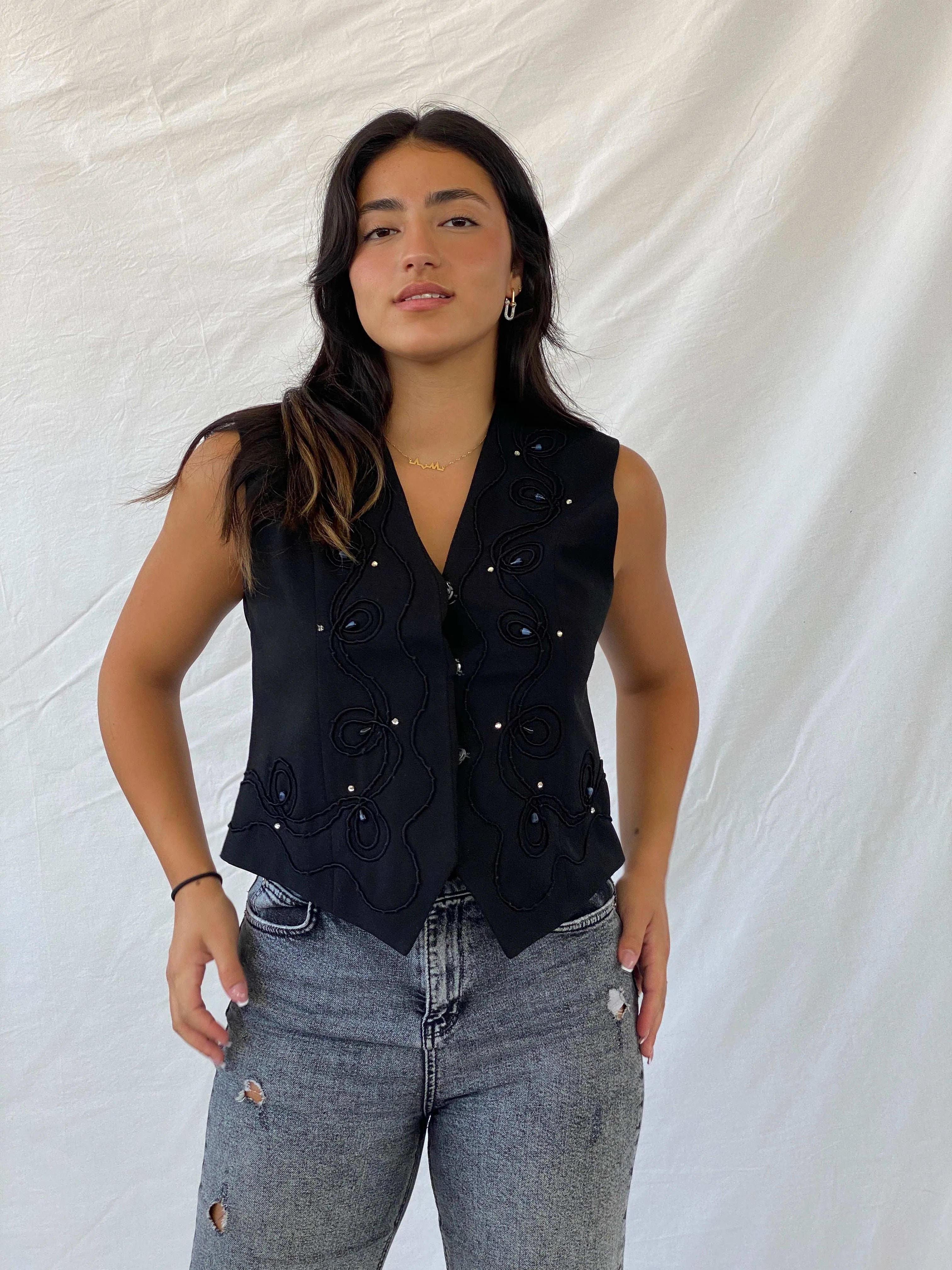 Vintage Black Vest With Intricate Beading - M - Balagan Vintage Sleeveless Top 00s, Lana, summer, vest