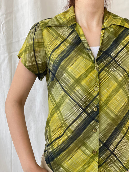 Vintage Blue Diamond Green Check Plaid Women’s Half Sleeve Shirt - M - Balagan Vintage Half Sleeve Shirt 00s, Ayah, half sleeve shirt, striped shirt, summer