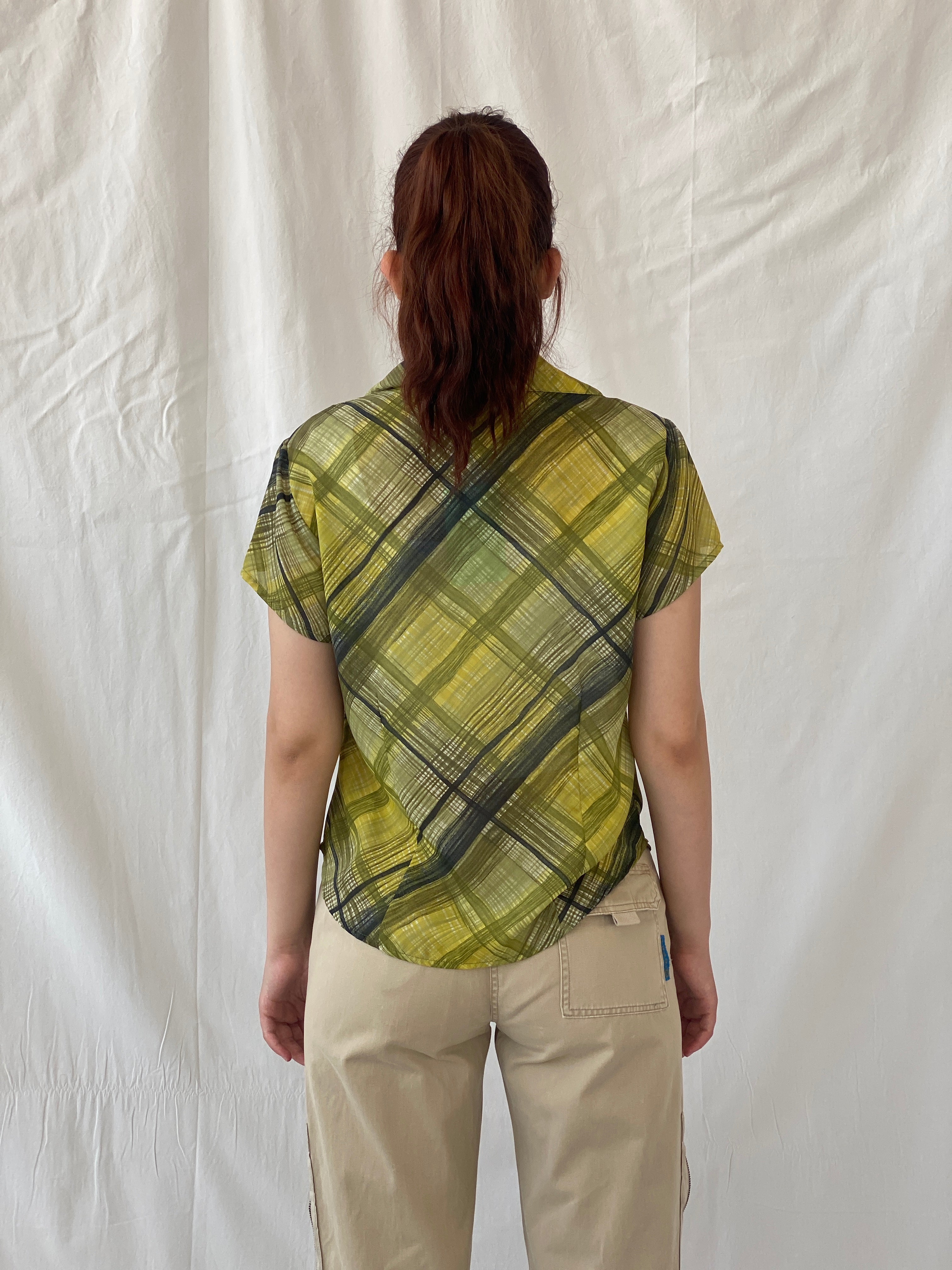 Vintage Blue Diamond Green Check Plaid Women’s Half Sleeve Shirt - M - Balagan Vintage Half Sleeve Shirt 00s, Ayah, half sleeve shirt, striped shirt, summer