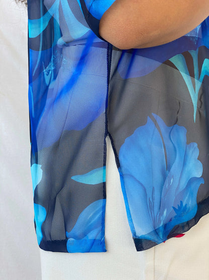 Vintage Blue Floral Sheer Chiffon Half-Sleeve Shirt - XL - Balagan Vintage Half Sleeve Shirt 00s, 90s, Dina, half sleeve shirt, sheer, sheer shirt