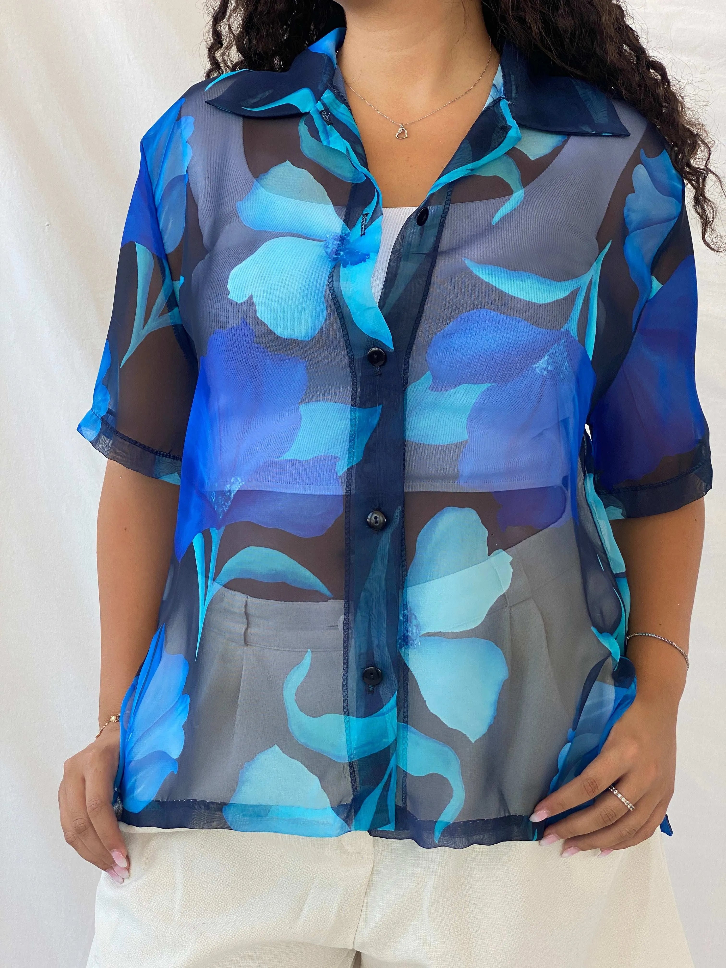Vintage Blue Floral Sheer Chiffon Half-Sleeve Shirt - XL - Balagan Vintage Half Sleeve Shirt 00s, 90s, Dina, half sleeve shirt, sheer, sheer shirt