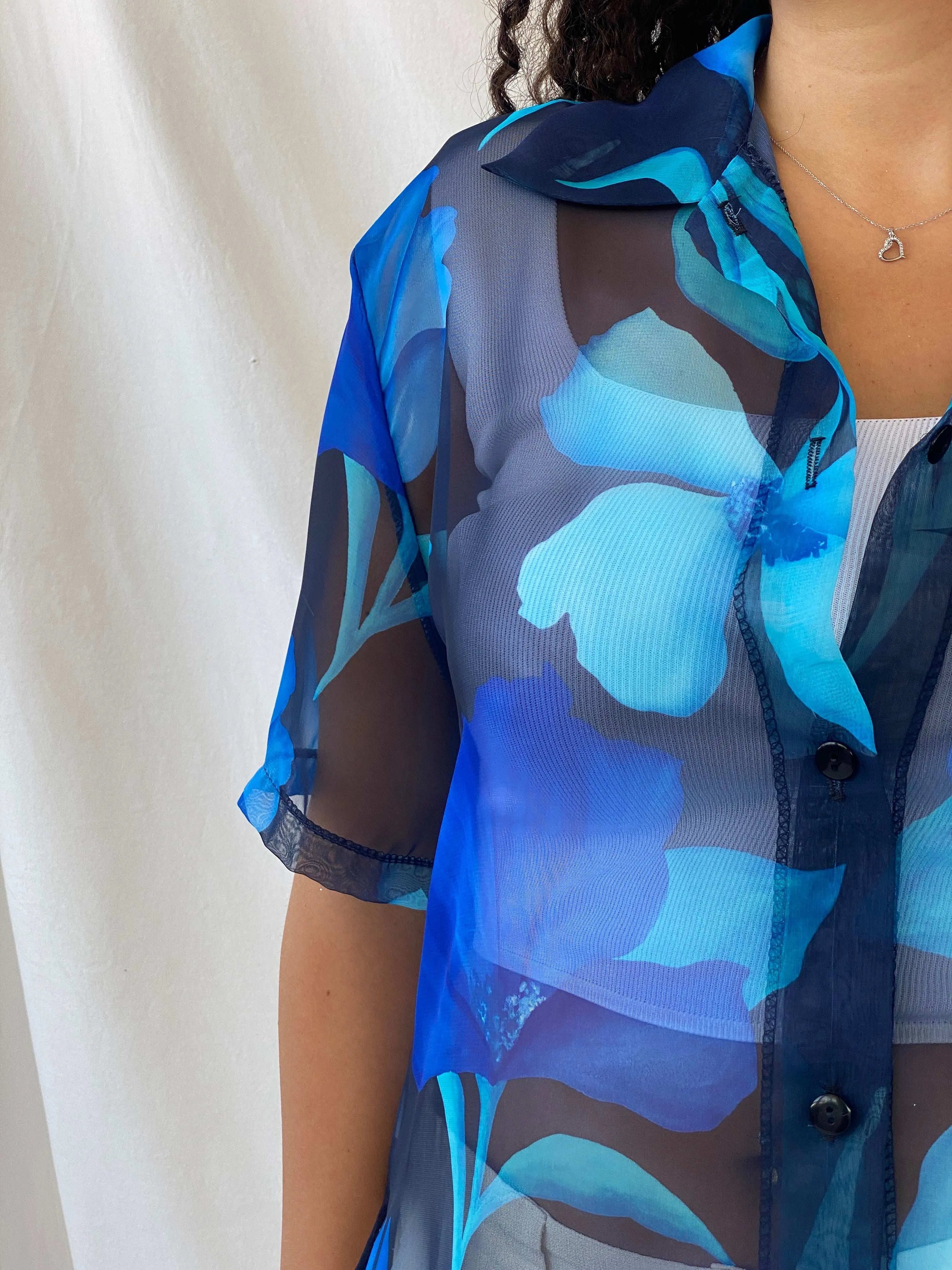 Vintage Blue Floral Sheer Chiffon Half-Sleeve Shirt - XL - Balagan Vintage Half Sleeve Shirt 00s, 90s, Dina, half sleeve shirt, sheer, sheer shirt
