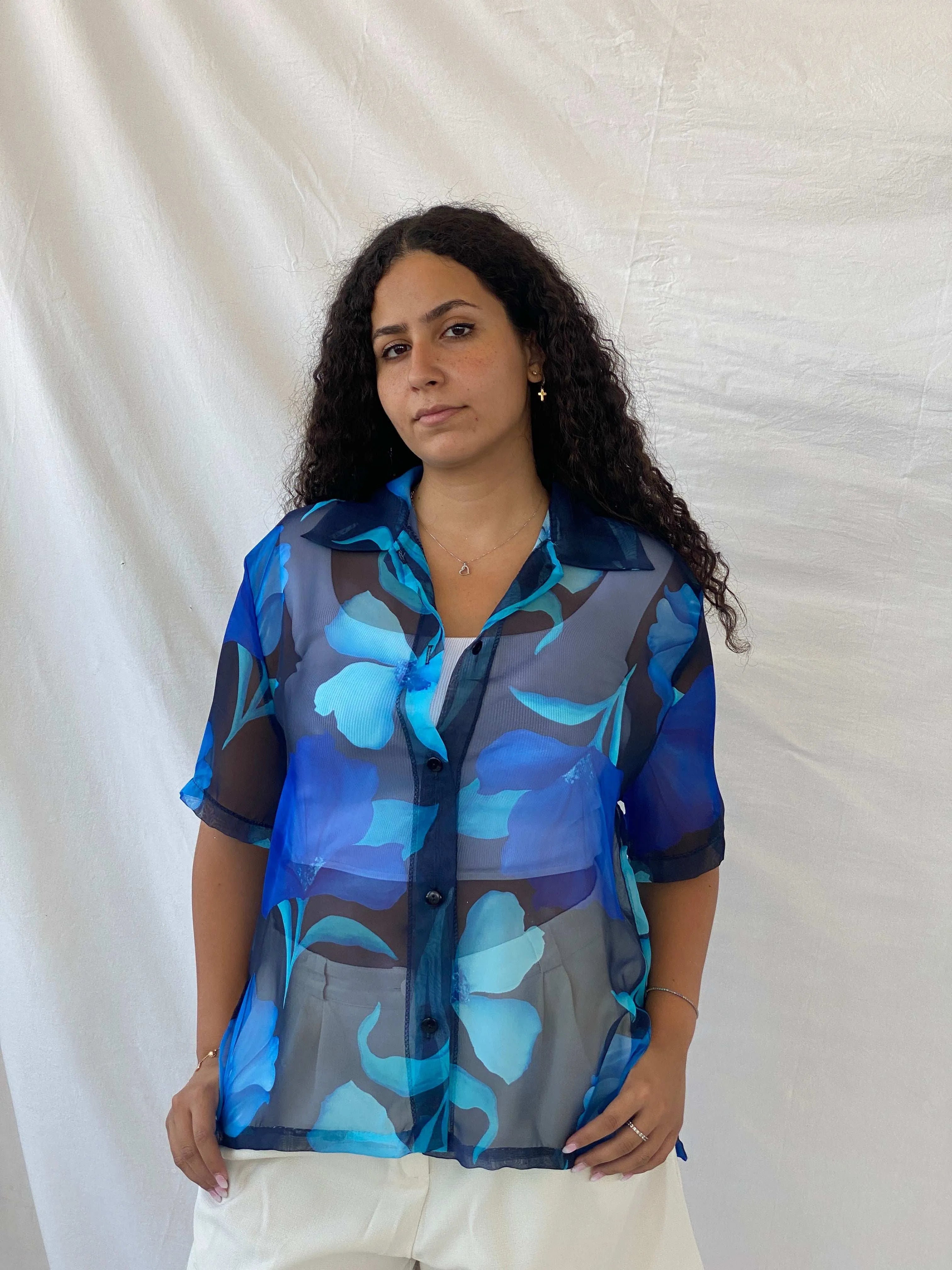 Vintage Blue Floral Sheer Chiffon Half-Sleeve Shirt - XL - Balagan Vintage Half Sleeve Shirt 00s, 90s, Dina, half sleeve shirt, sheer, sheer shirt