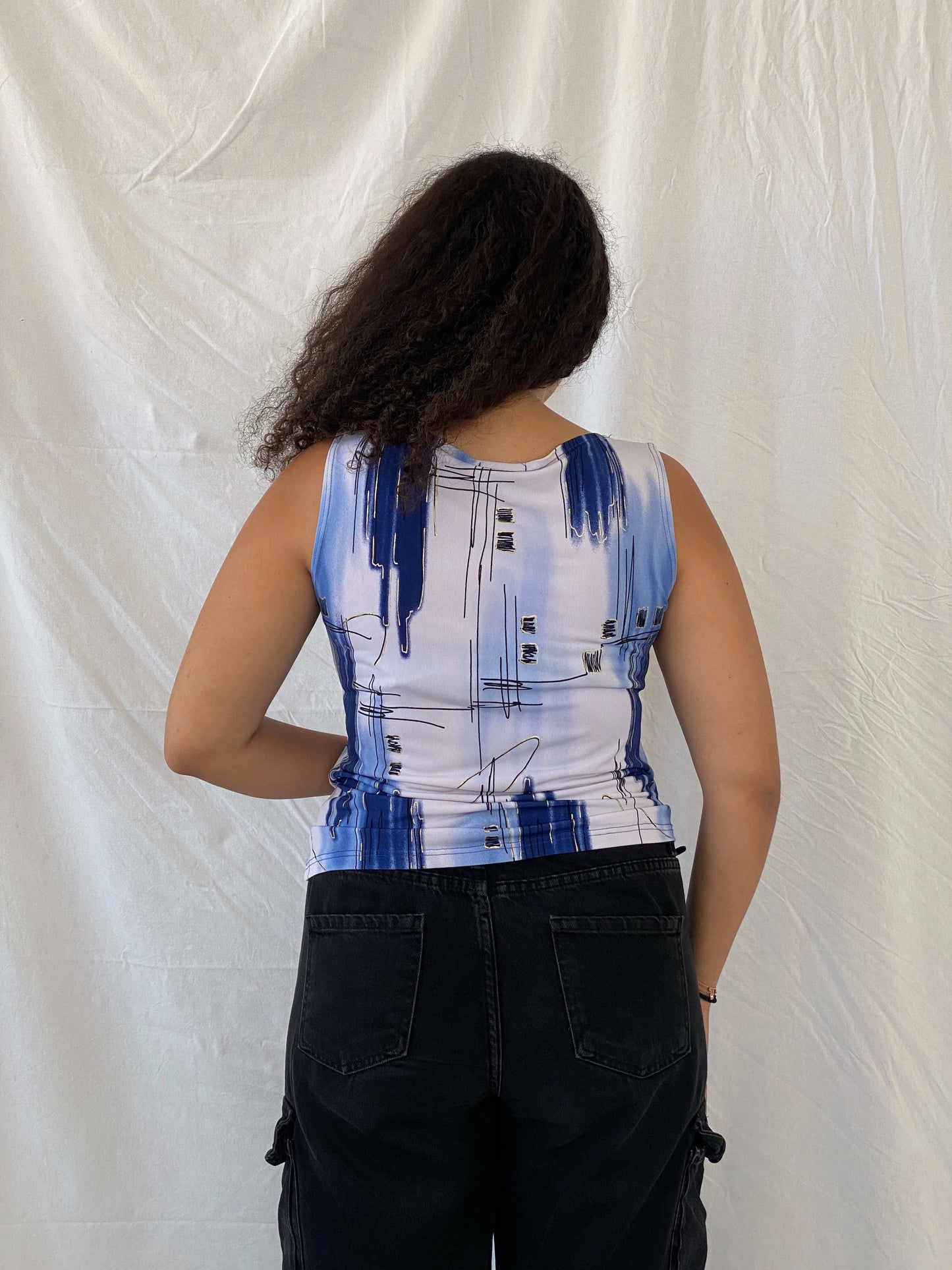 Vintage Boguar Abstract Top with Blue and Gold Accents Size M - Balagan Vintage Sleeveless Top 00s, 90s, Dina, sleeveless top