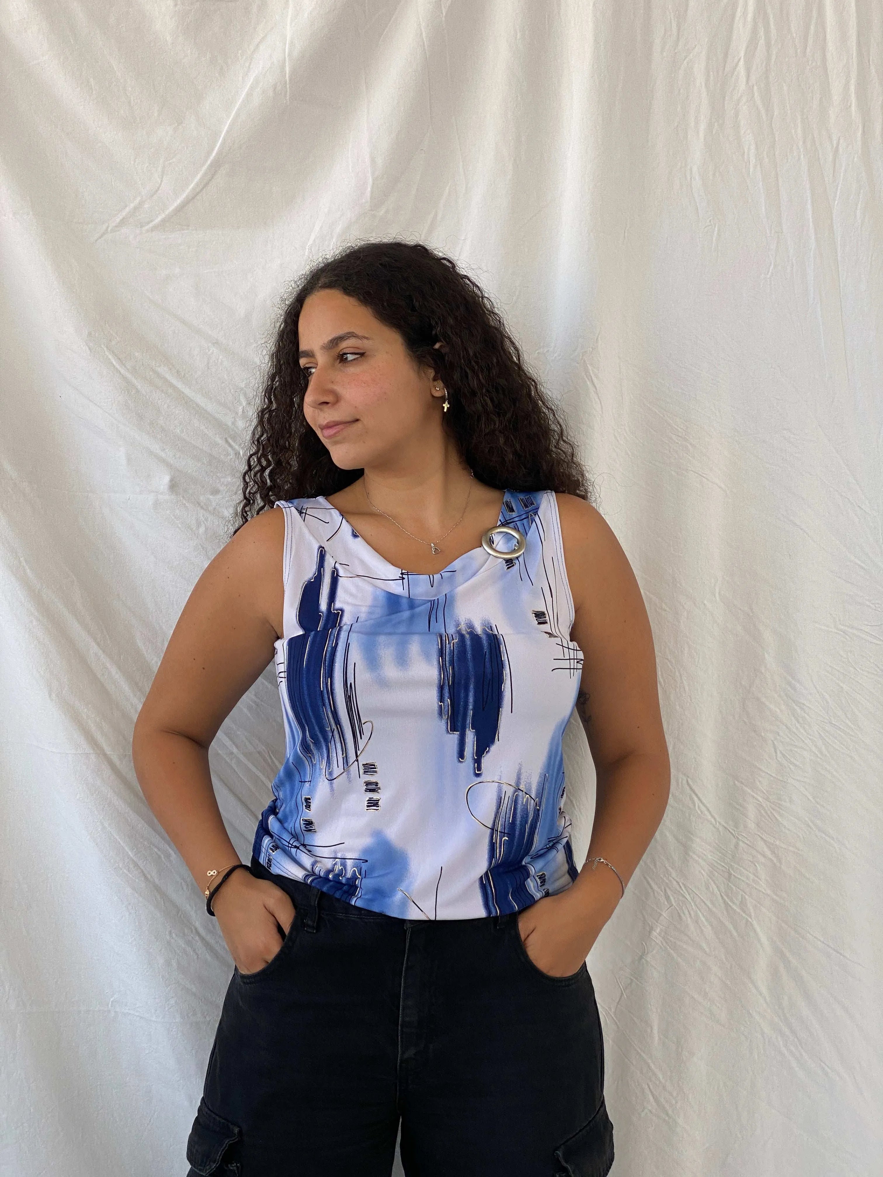 Vintage Boguar Abstract Top with Blue and Gold Accents Size M - Balagan Vintage Sleeveless Top 00s, 90s, Dina, sleeveless top