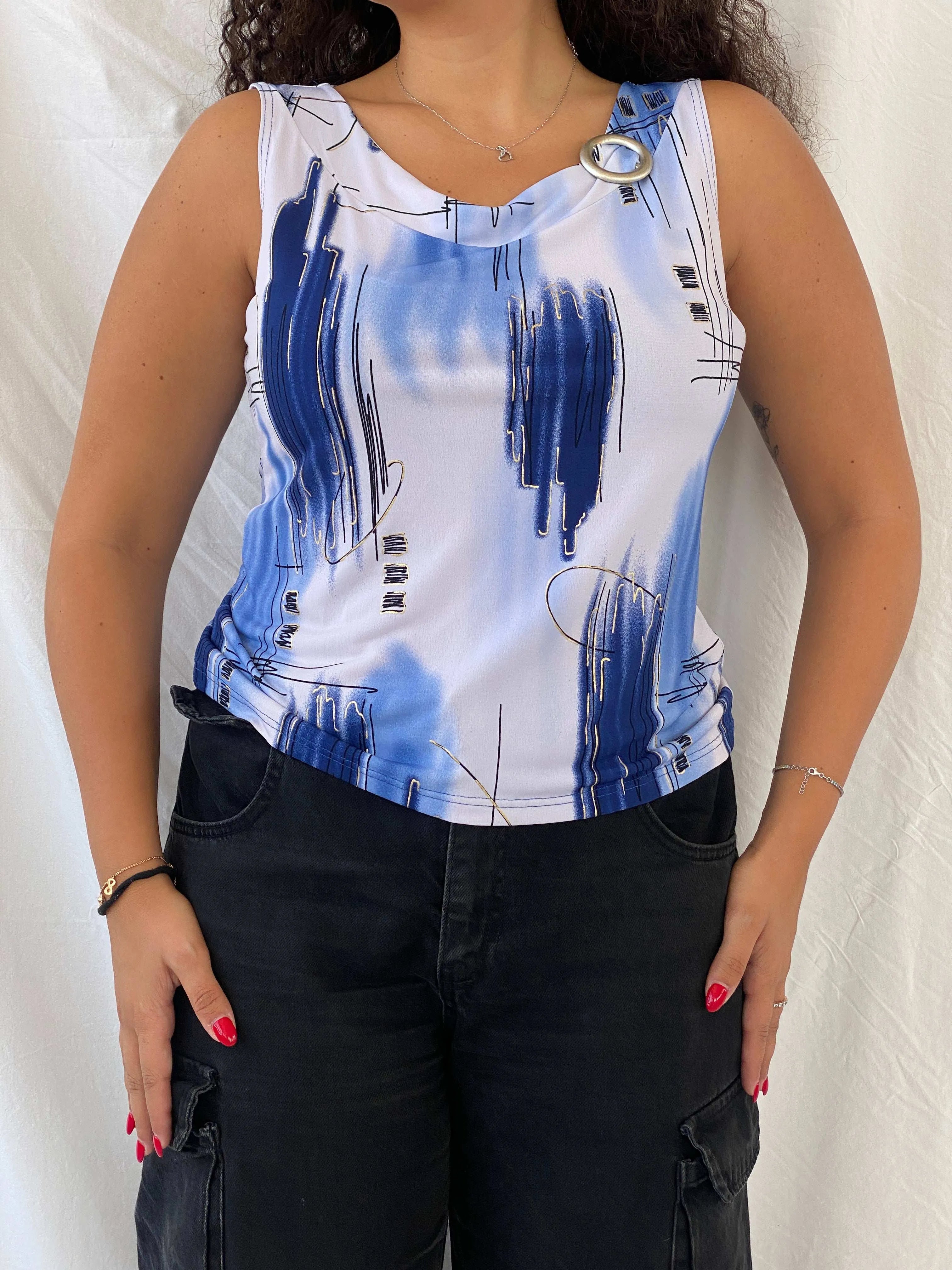 Vintage Boguar Abstract Top with Blue and Gold Accents Size M - Balagan Vintage Sleeveless Top 00s, 90s, Dina, sleeveless top