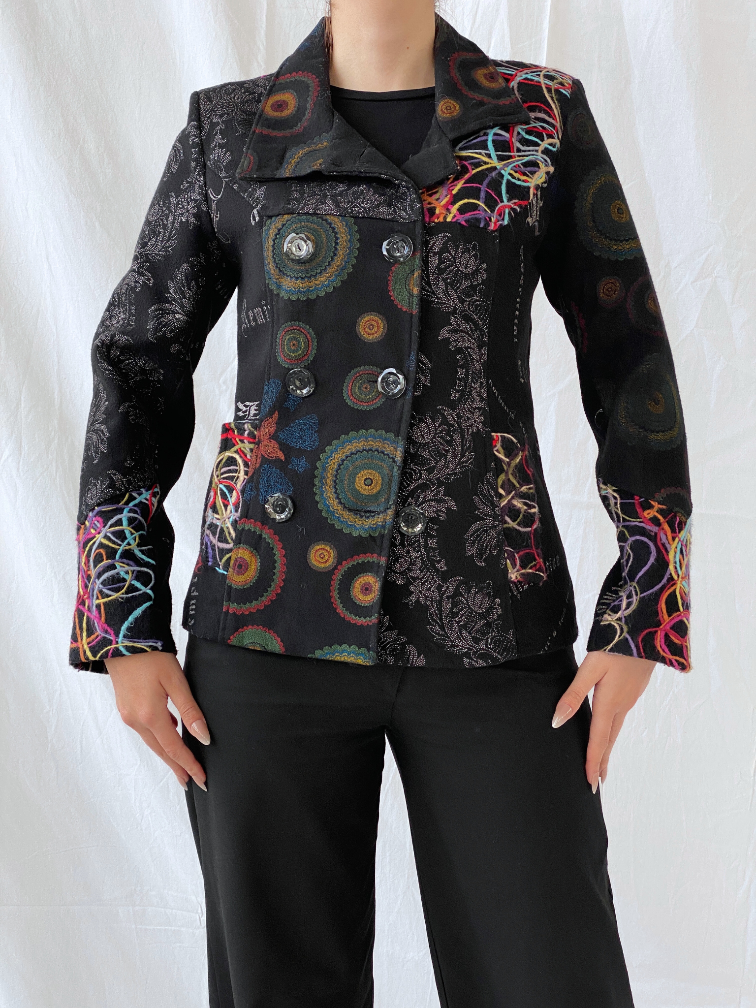 Vintage Boho Embroidered Wool Blend Black Women’s Jacket - M - Balagan Vintage Jacket 00s, 90s, Ayah, floral embroidery, full sleeve blazer, jacket