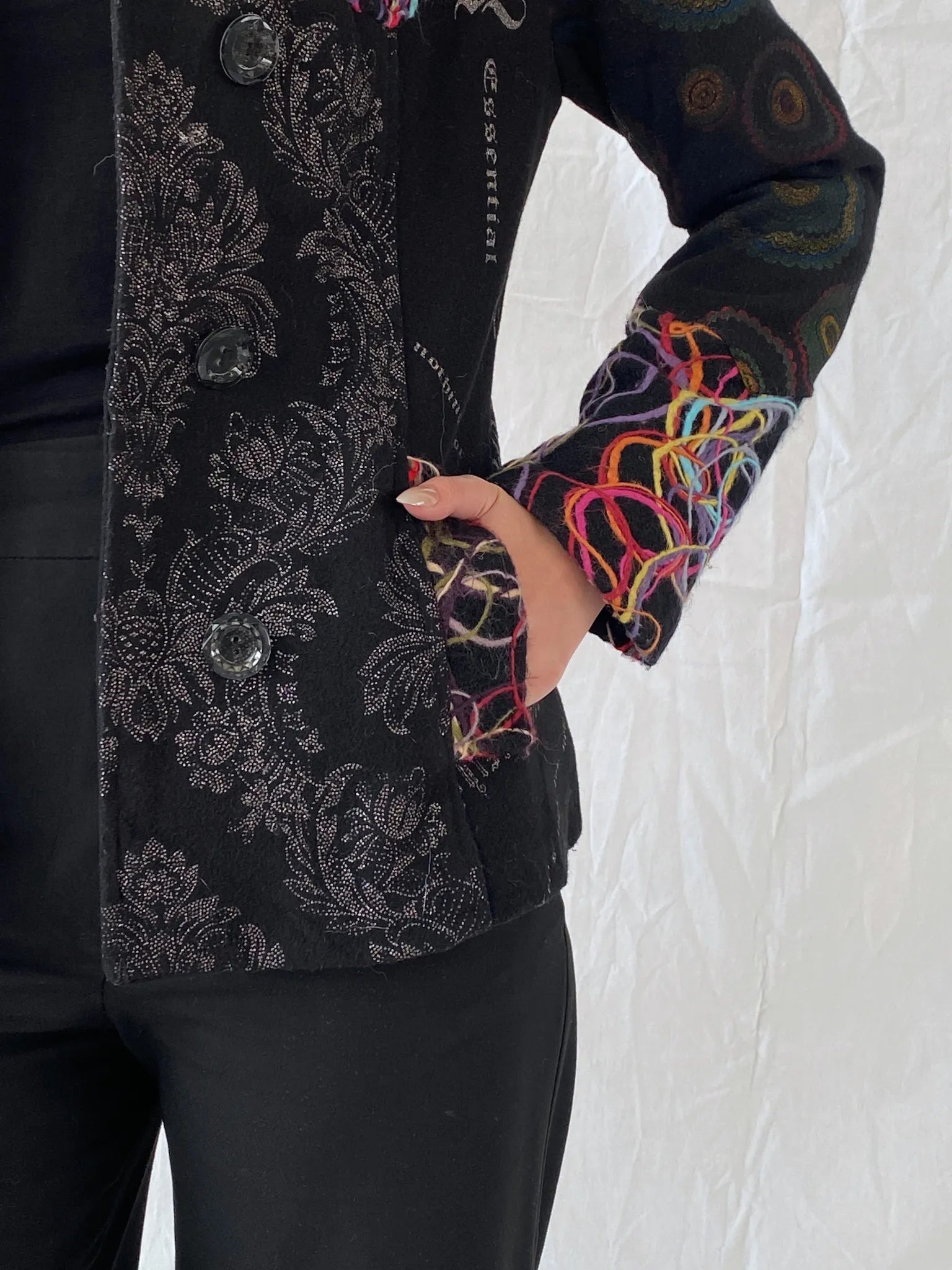 Vintage Boho Embroidered Wool Blend Black Women’s Jacket - M - Balagan Vintage Jacket 00s, 90s, Ayah, Coats&Jackets, floral embroidery, full sleeve blazer, jacket, Women's Blazers
