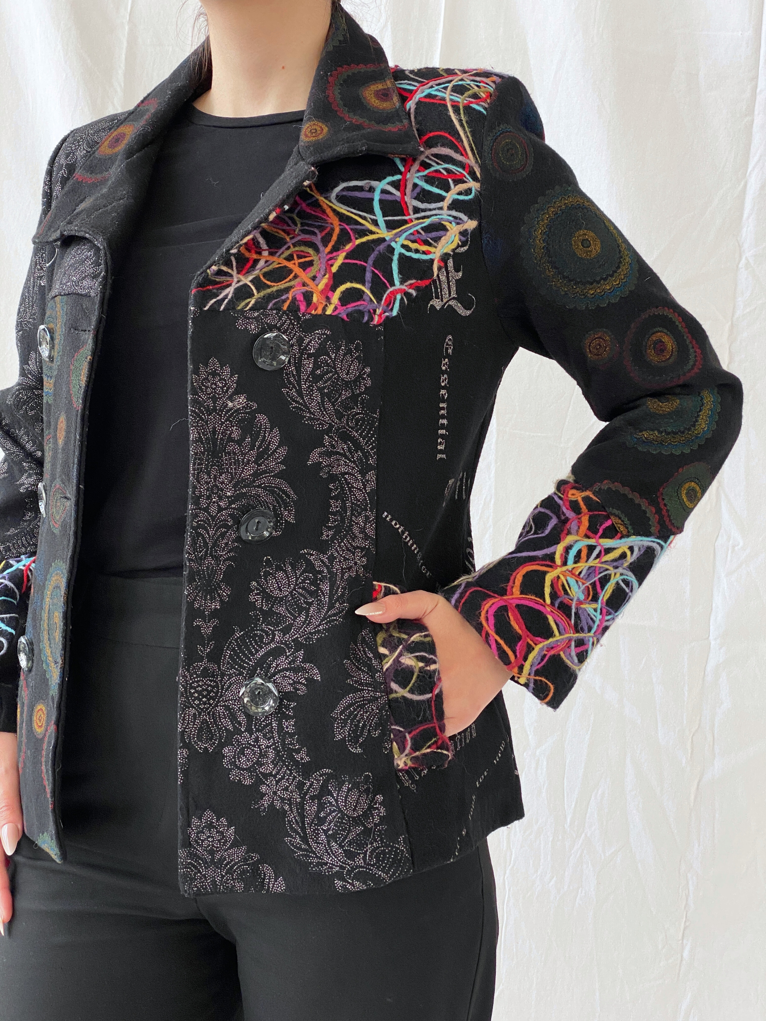 Vintage Boho Embroidered Wool Blend Black Women’s Jacket - M - Balagan Vintage Jacket 00s, 90s, Ayah, floral embroidery, full sleeve blazer, jacket