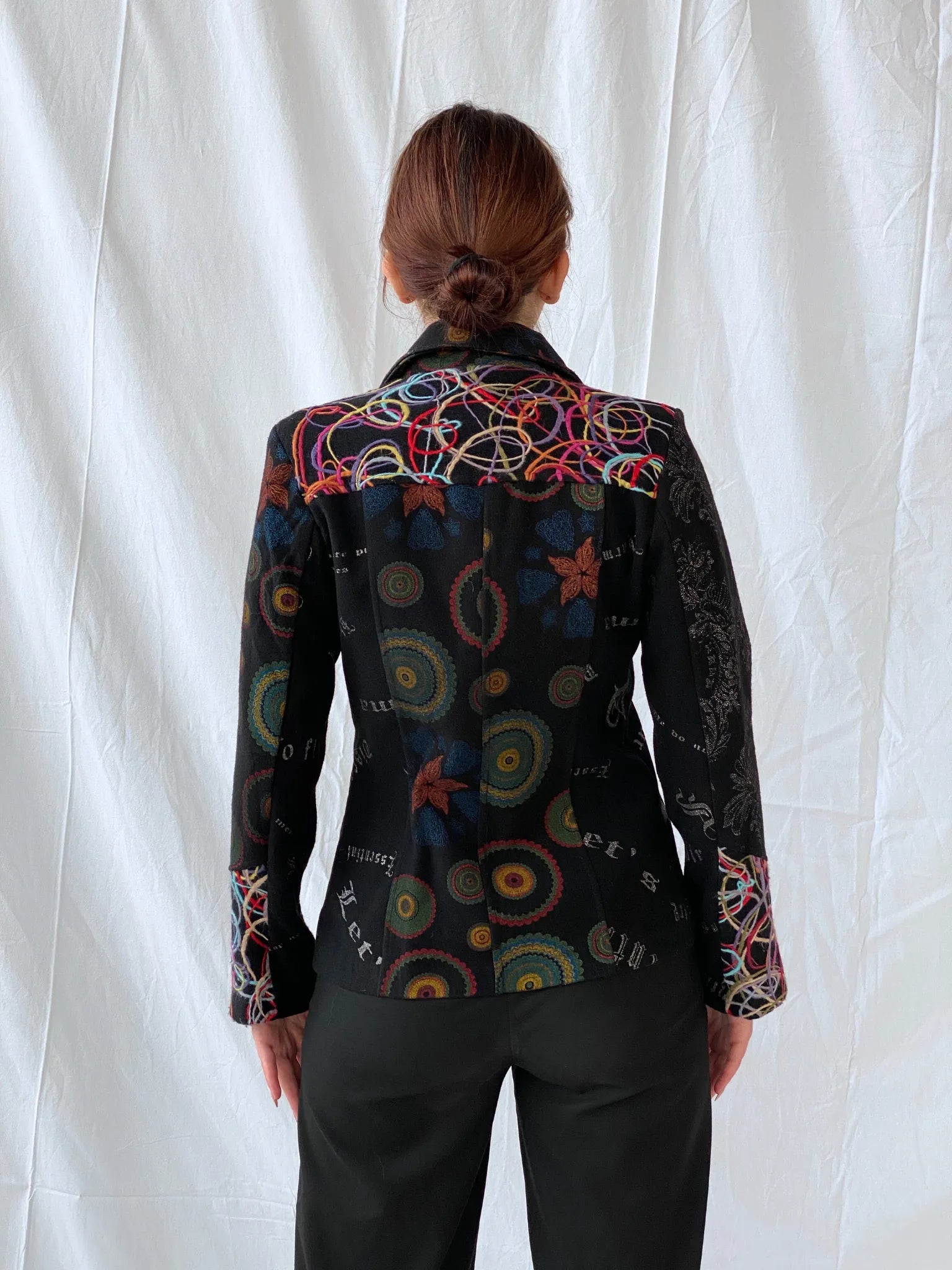 Vintage Boho Embroidered Wool Blend Black Women’s Jacket - M - Balagan Vintage Jacket 00s, 90s, Ayah, Coats&Jackets, floral embroidery, full sleeve blazer, jacket, Women's Blazers