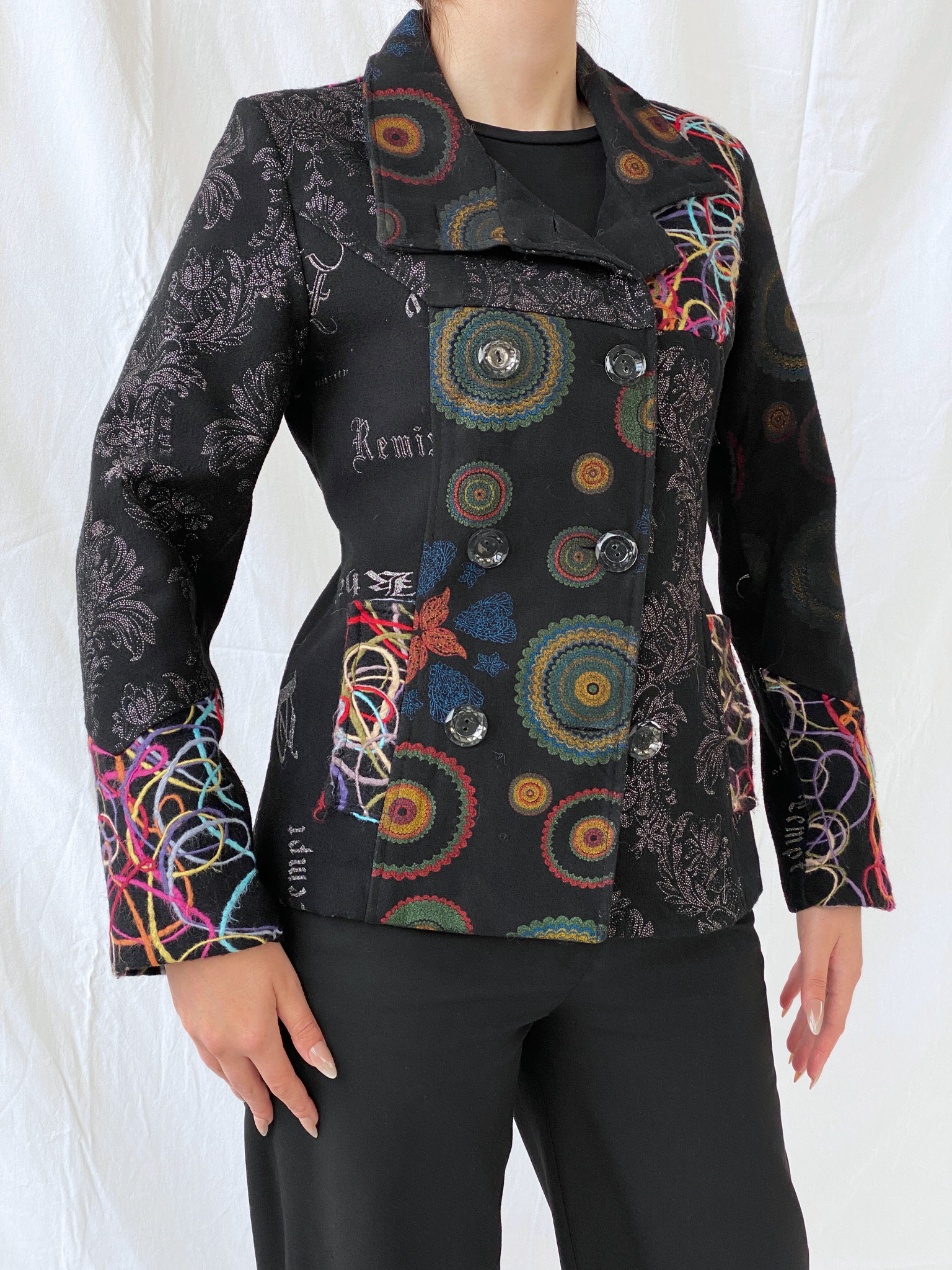 Vintage Boho Embroidered Wool Blend Black Women’s Jacket - M - Balagan Vintage Jacket 00s, 90s, Ayah, floral embroidery, full sleeve blazer, jacket, NEW IN