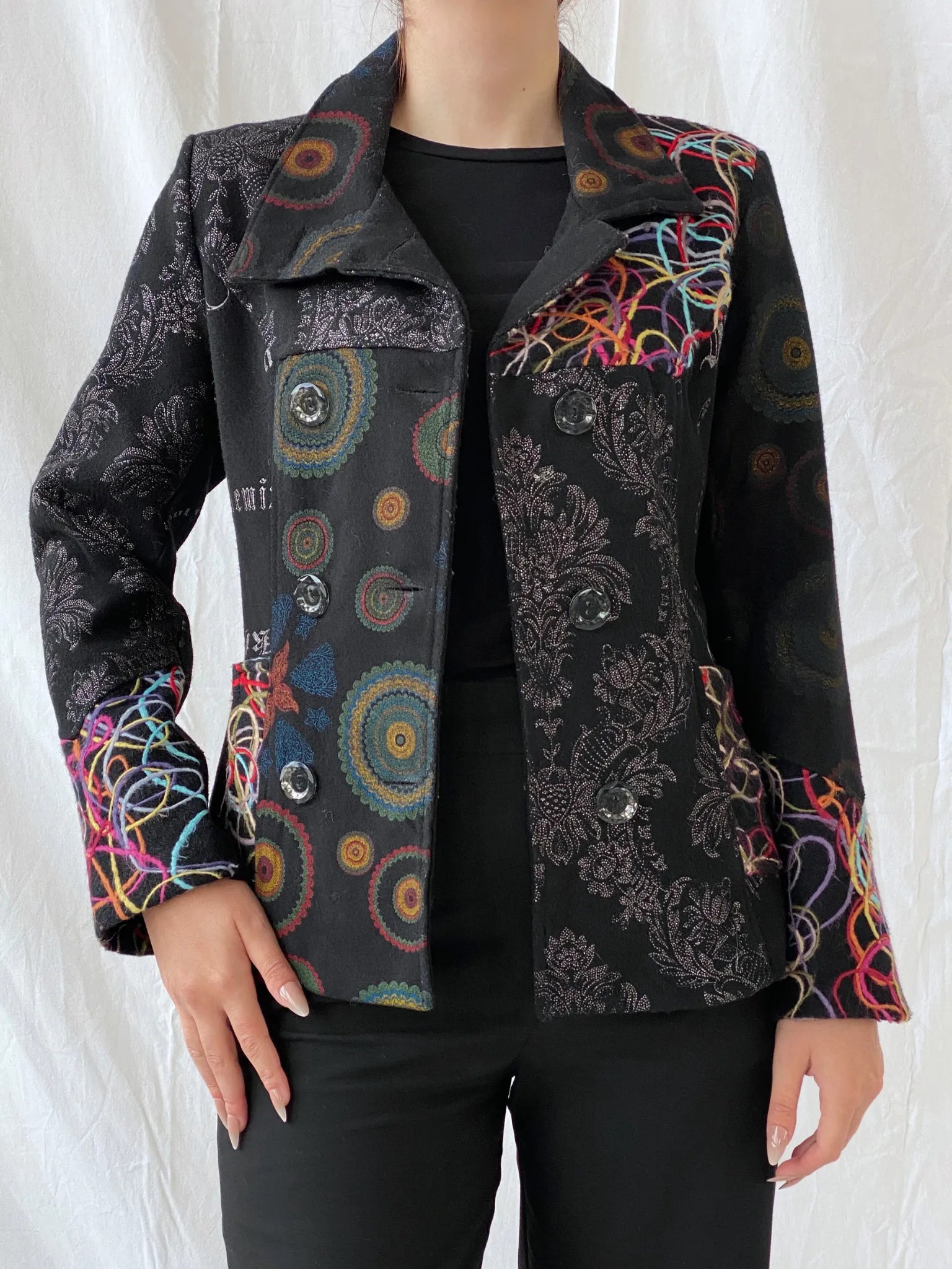 Vintage Boho Embroidered Wool Blend Black Women’s Jacket - M - Balagan Vintage Jacket 00s, 90s, Ayah, Coats&Jackets, floral embroidery, full sleeve blazer, jacket, Women's Blazers