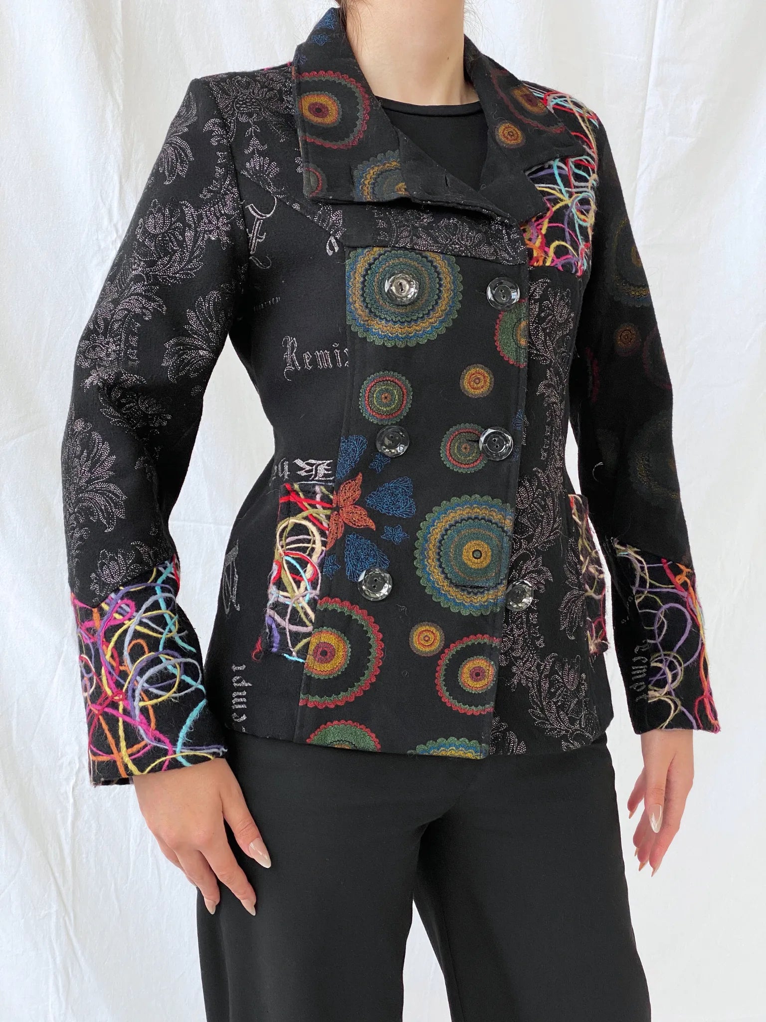 Vintage Boho Embroidered Wool Blend Black Women’s Jacket - M - Balagan Vintage Jacket 00s, 90s, Ayah, Coats&Jackets, floral embroidery, full sleeve blazer, jacket, Women's Blazers