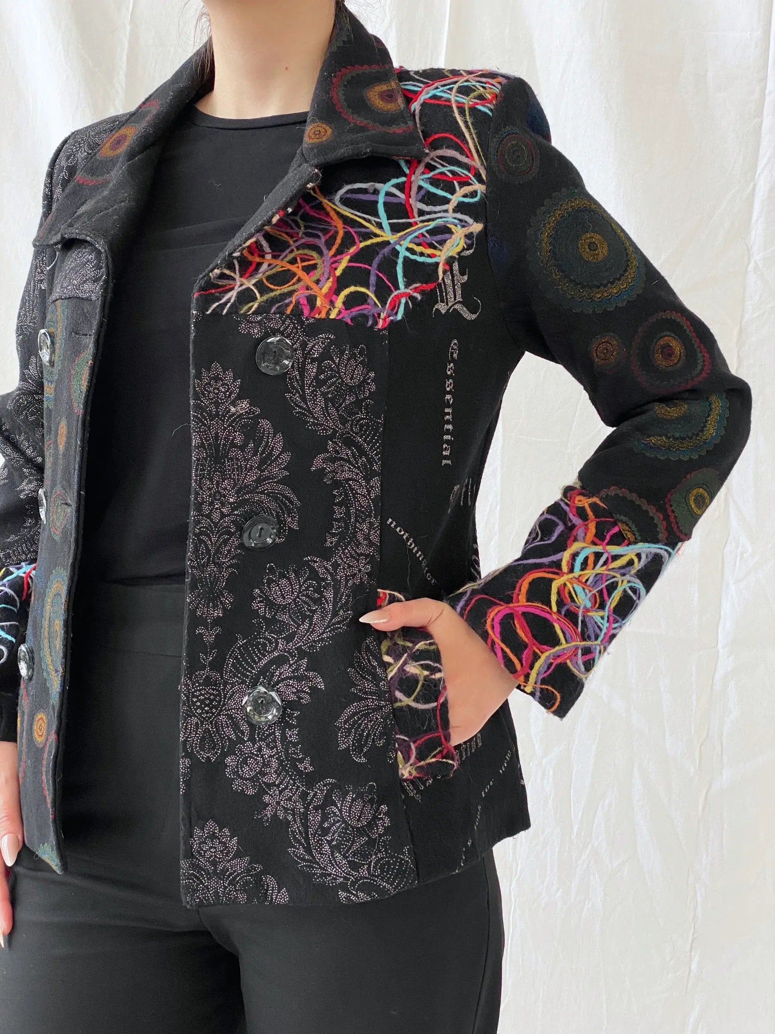 Vintage Boho Embroidered Wool Blend Black Women’s Jacket - M - Balagan Vintage Jacket 00s, 90s, Ayah, Coats&Jackets, floral embroidery, full sleeve blazer, jacket, Women's Blazers