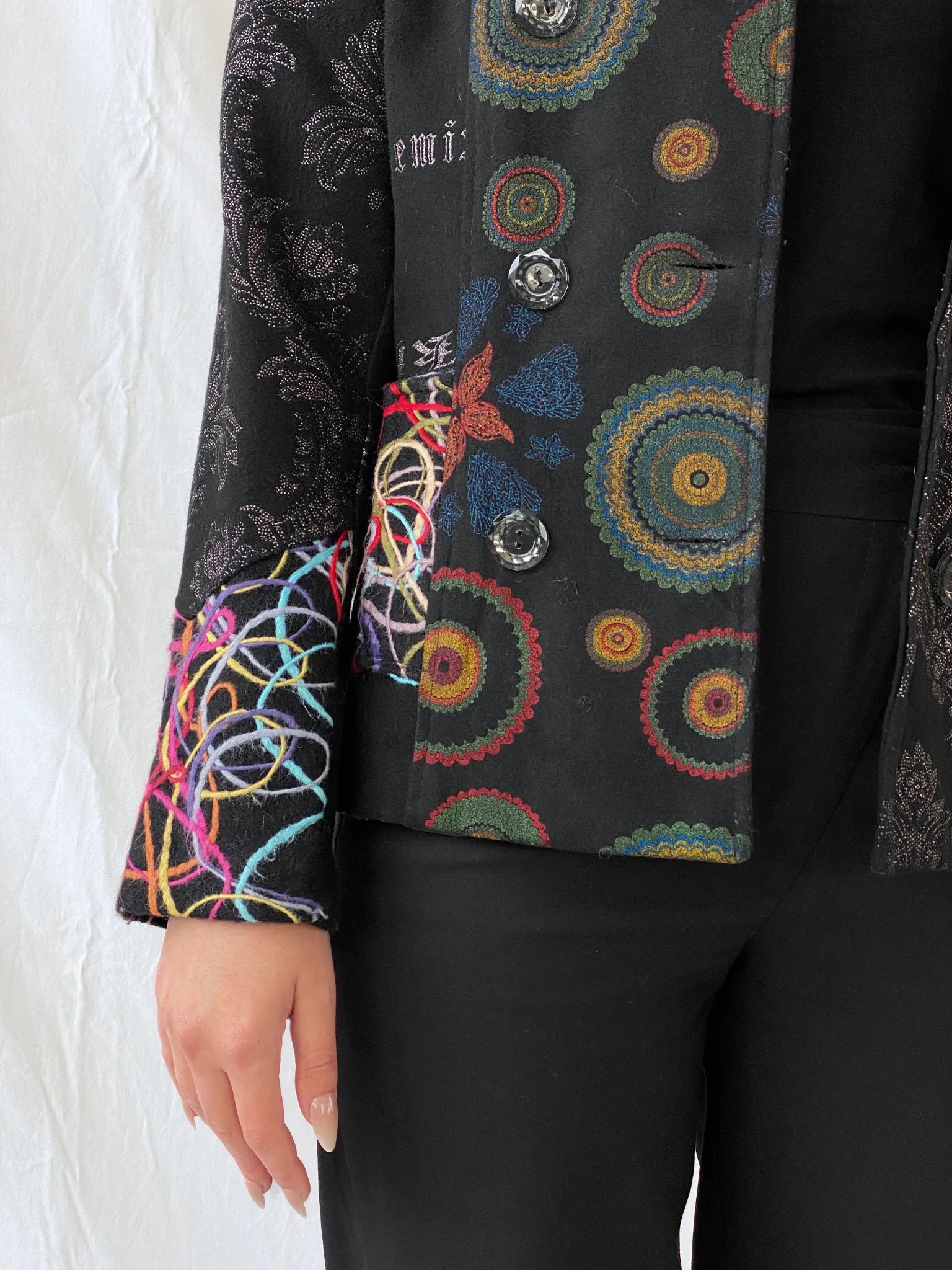 Vintage Boho Embroidered Wool Blend Black Women’s Jacket - M - Balagan Vintage Jacket 00s, 90s, Ayah, Coats&Jackets, floral embroidery, full sleeve blazer, jacket, Women's Blazers