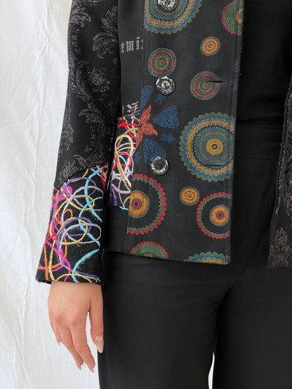 Vintage Boho Embroidered Wool Blend Black Women’s Jacket - M - Balagan Vintage Jacket 00s, 90s, Ayah, Coats&Jackets, floral embroidery, full sleeve blazer, jacket, Women's Blazers