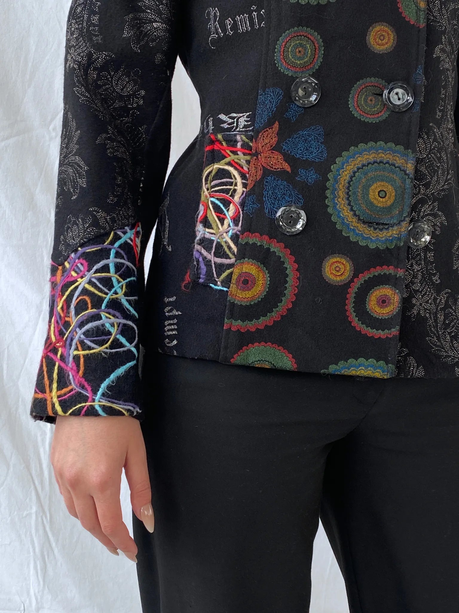 Vintage Boho Embroidered Wool Blend Black Women’s Jacket - M - Balagan Vintage Jacket 00s, 90s, Ayah, Coats&Jackets, floral embroidery, full sleeve blazer, jacket, Women's Blazers