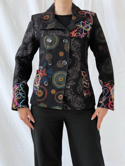 Vintage Boho Embroidered Wool Blend Black Women’s Jacket - M - Balagan Vintage Jacket 00s, 90s, Ayah, Coats&Jackets, floral embroidery, full sleeve blazer, jacket, Women's Blazers