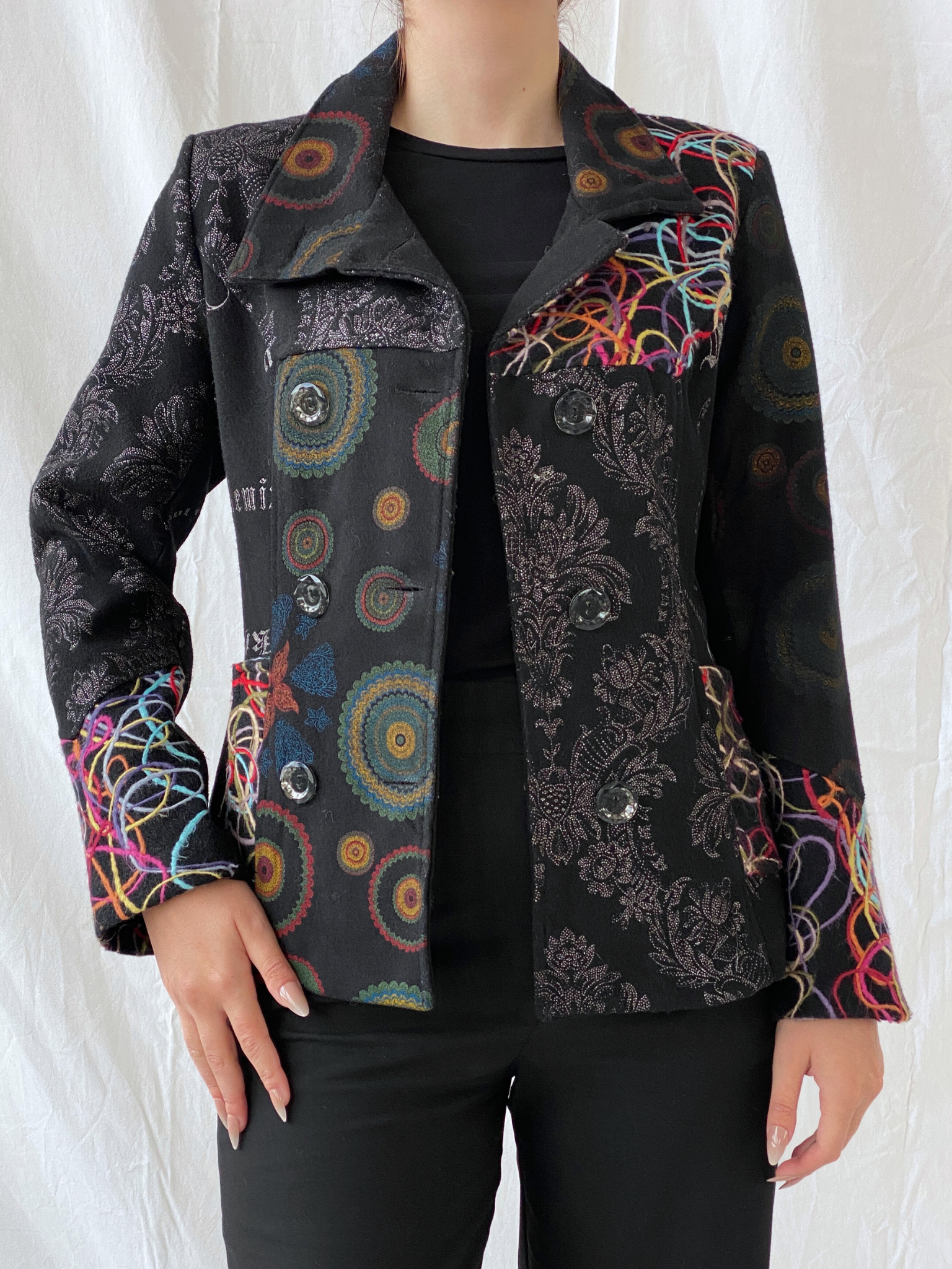 Vintage Boho Embroidered Wool Blend Black Women’s Jacket - M - Balagan Vintage Jacket 00s, 90s, Ayah, floral embroidery, full sleeve blazer, jacket, NEW IN