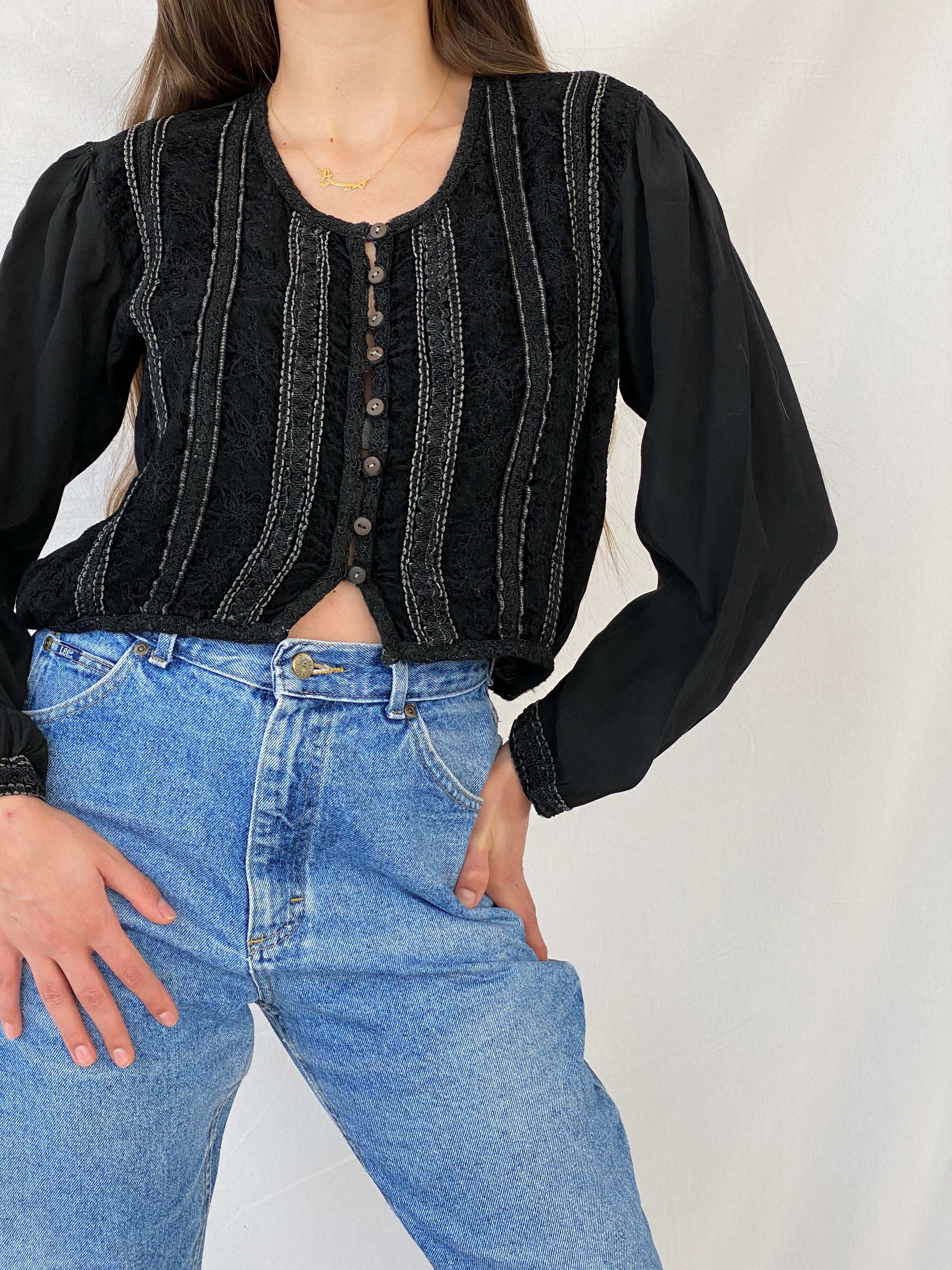 Vintage Boho Goth Black Long Sleeve Button Front Cropped Top - Balagan Vintage Full Sleeve Top Boho, full sleeve top, Mira, women top