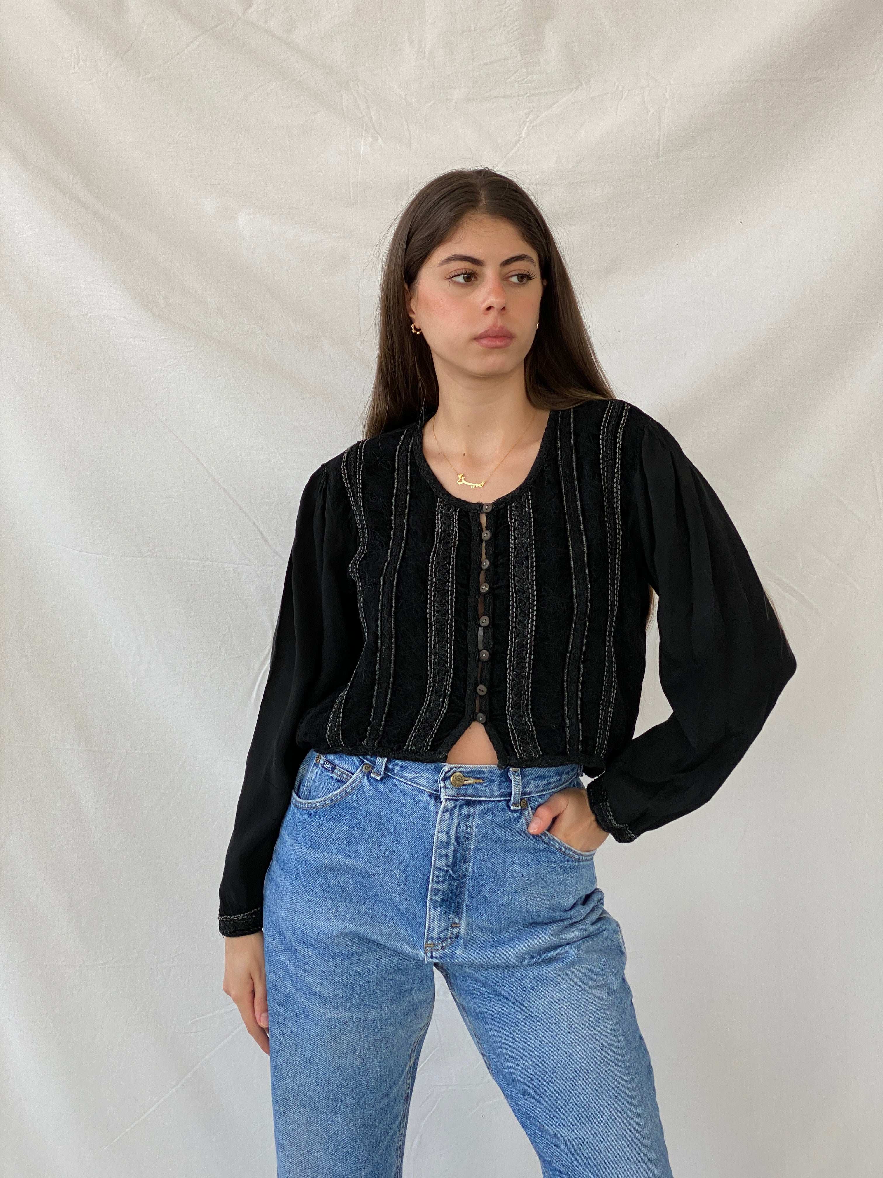 Vintage Boho Goth Black Long Sleeve Button Front Cropped Top - Balagan Vintage Full Sleeve Top Boho, full sleeve top, Mira, women top