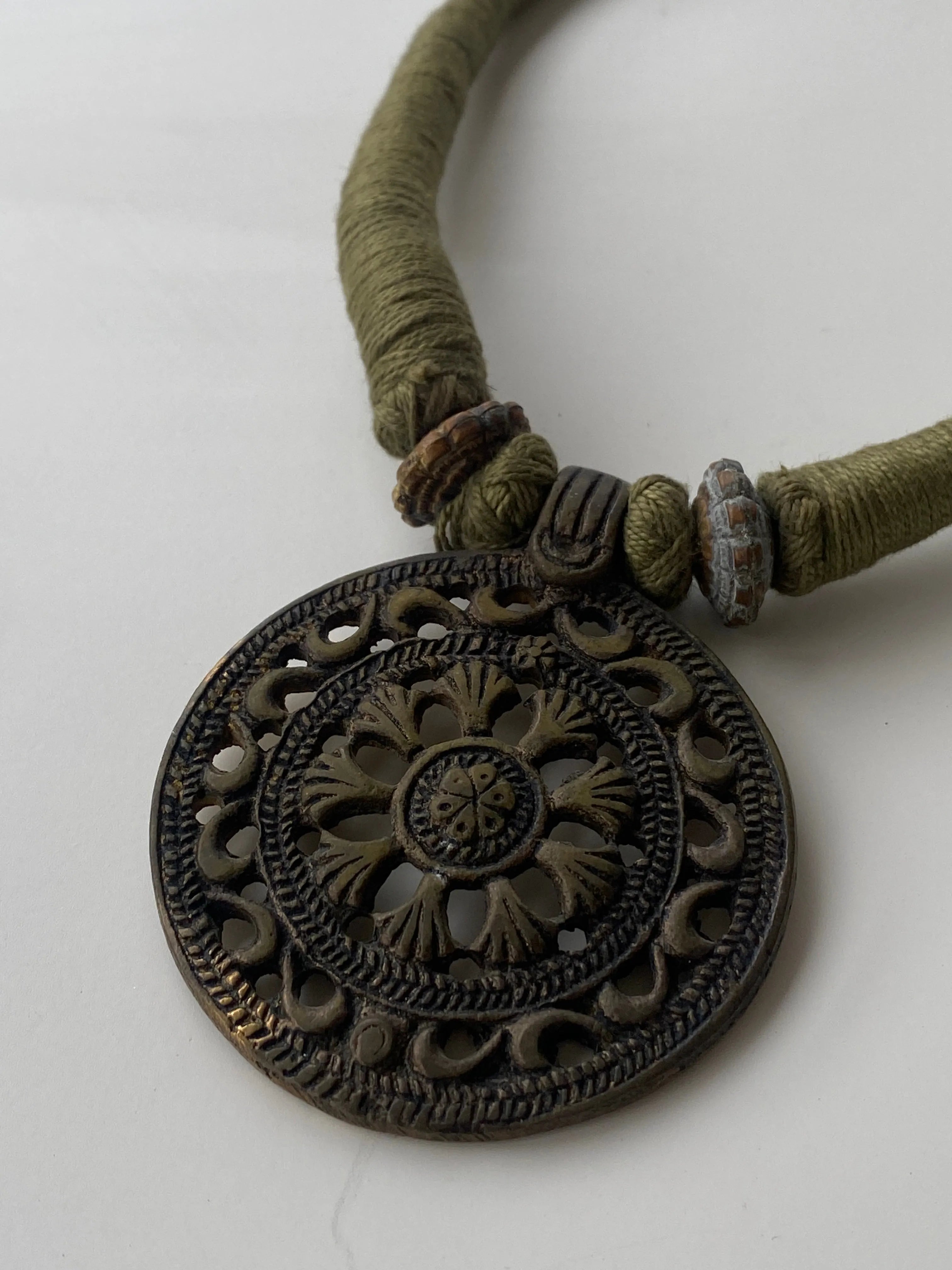 Vintage Brass Shield Pendant Ethnic Chocker Tribal Woven Chocker 1962 - Balagan Vintage Necklace 00s, Necklace