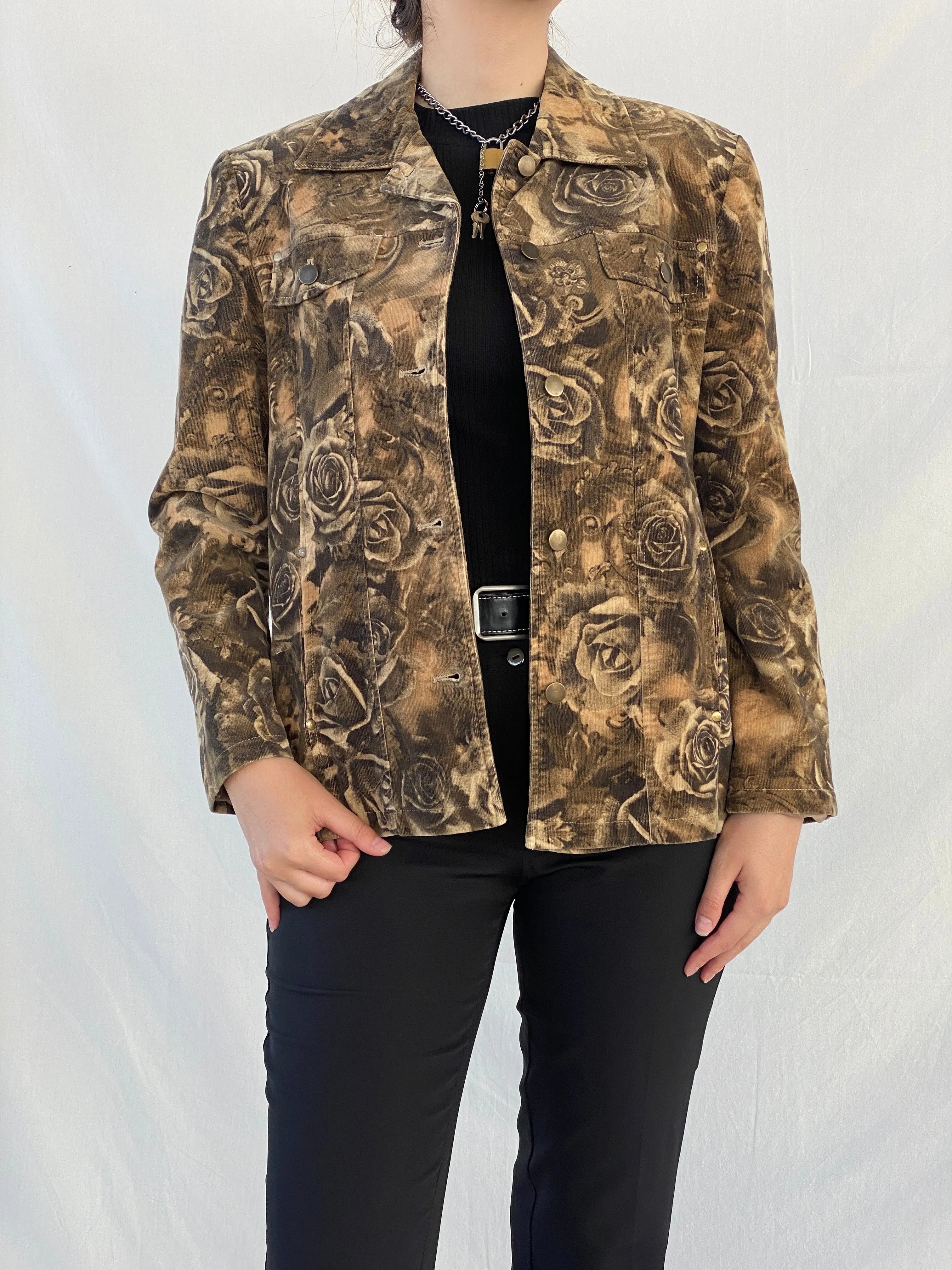 Vintage Brown Floral Corduroy Buttoned Heavy Blazer Jacket - M - Balagan Vintage Corduroy Jacket 00s, Ayah, blazer, Coats&Jackets, corduroy, corduroy blazer, corduroy jacket, floral, Women's Blazers