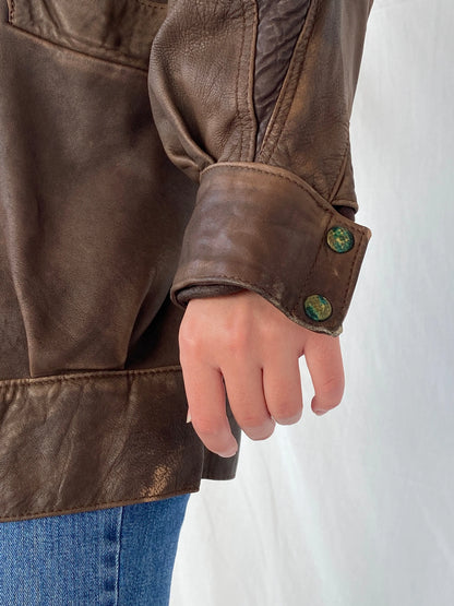 Vintage Brown Genuine Leather Cow Girl Coat with Ruched Details - M - Balagan Vintage Coat 00s, Ayah, brown leather, coat, Coats&Jackets, genuine leather, leather, leather coat, Women's Coats, Women's Leather Jackets
