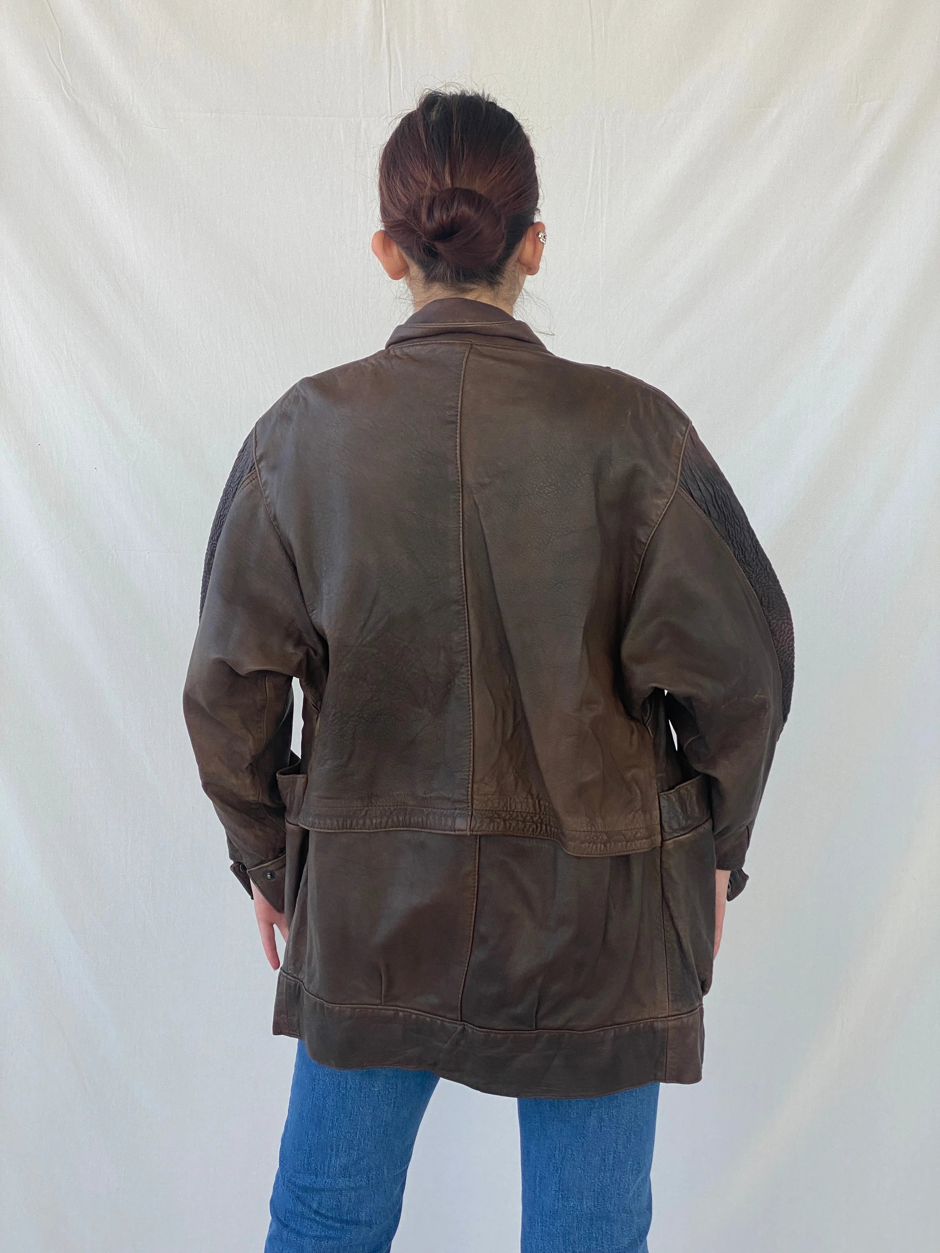 Vintage Brown Genuine Leather Cow Girl Coat with Ruched Details - M - Balagan Vintage Coat 00s, Ayah, brown leather, coat, Coats&Jackets, genuine leather, leather, leather coat, Women's Coats, Women's Leather Jackets