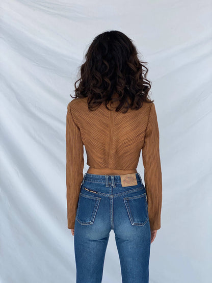 Vintage Brown Genuine Leather Zip Up Crop Top - Size S - Balagan Vintage Full Sleeve Top 90s, full sleeve top, Tojan, winter