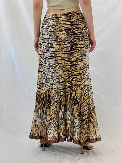 Vintage Brown Zebra Print Floral Lace Satin Trim Hem Maxi Skirt - L - Balagan Vintage Maxi Skirt animal print, Ayah, Boho, floral, floral skirt, maxi skirt, NEW IN, winter