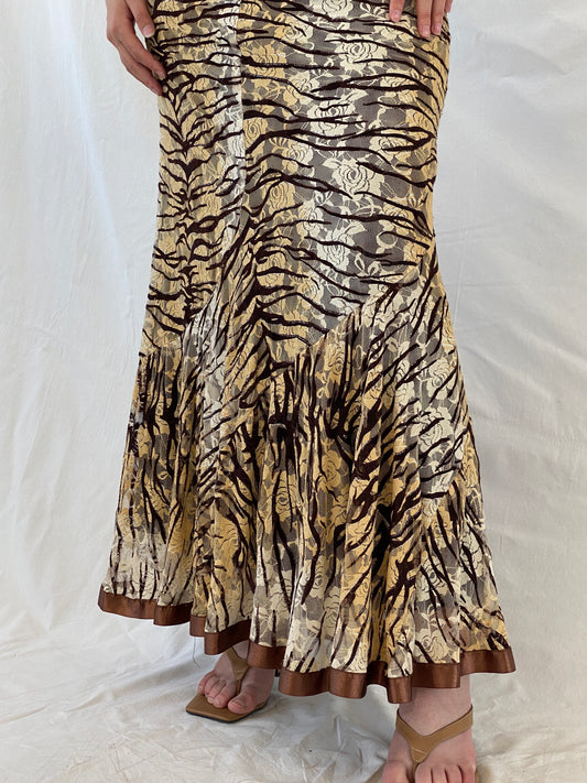 Vintage Brown Zebra Print Floral Lace Satin Trim Hem Maxi Skirt - L - Balagan Vintage Maxi Skirt animal print, Ayah, Boho, floral, floral skirt, maxi skirt, NEW IN, winter