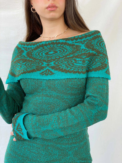 Vintage Buffalo Off Shoulder Knitted Drop Waist Top - S - Balagan Vintage Full Sleeve Top 00s, knitted, Mira, winter, women top