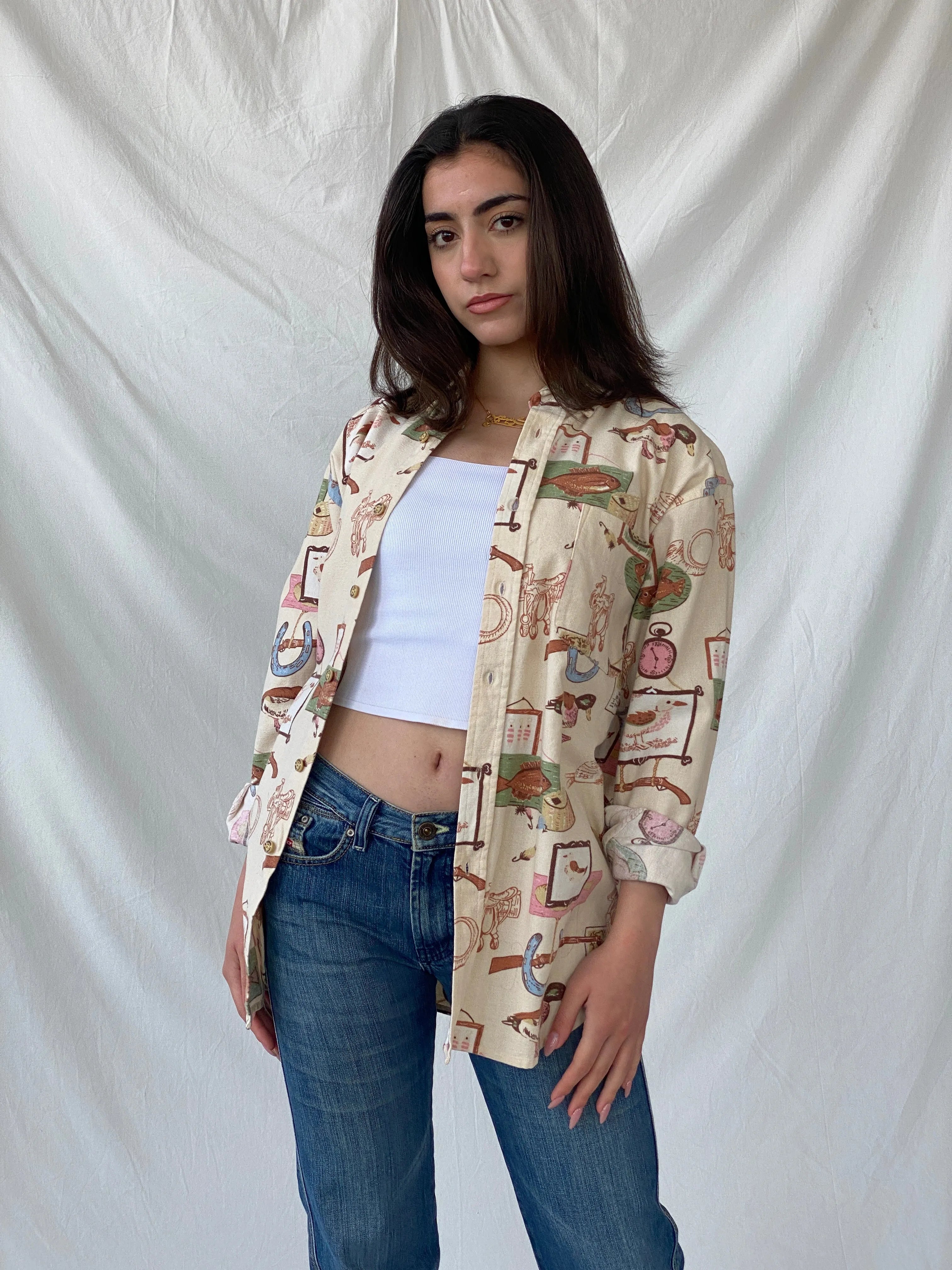 Vintage Cambridge Country Side Graphic Prints Beige Long Sleeve Button Up Cotton Shirt - M - Balagan Vintage Full Sleeve Shirt 90s, Christine, full sleeve shirt, winter, women shirt