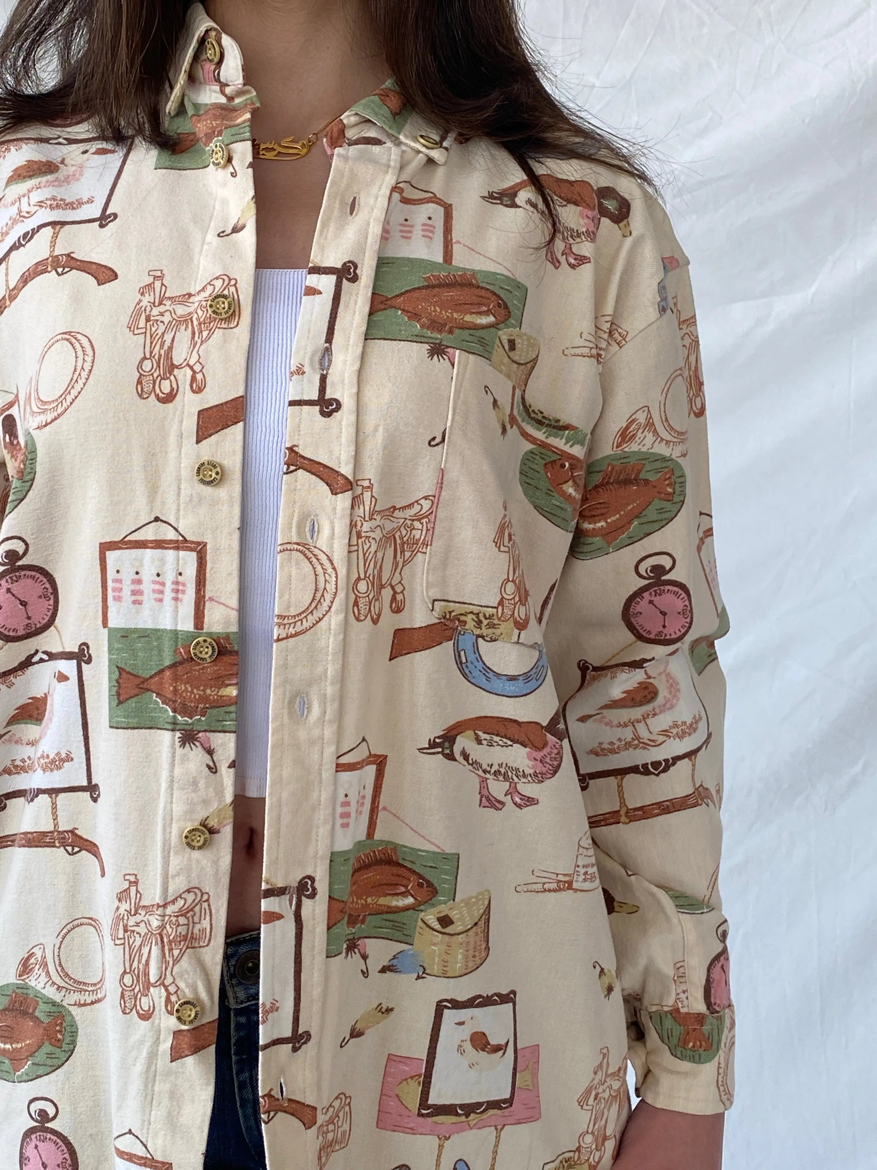 Vintage Cambridge Country Side Graphic Prints Beige Long Sleeve Button Up Cotton Shirt - M - Balagan Vintage Full Sleeve Shirt 90s, Christine, full sleeve shirt, winter, women shirt