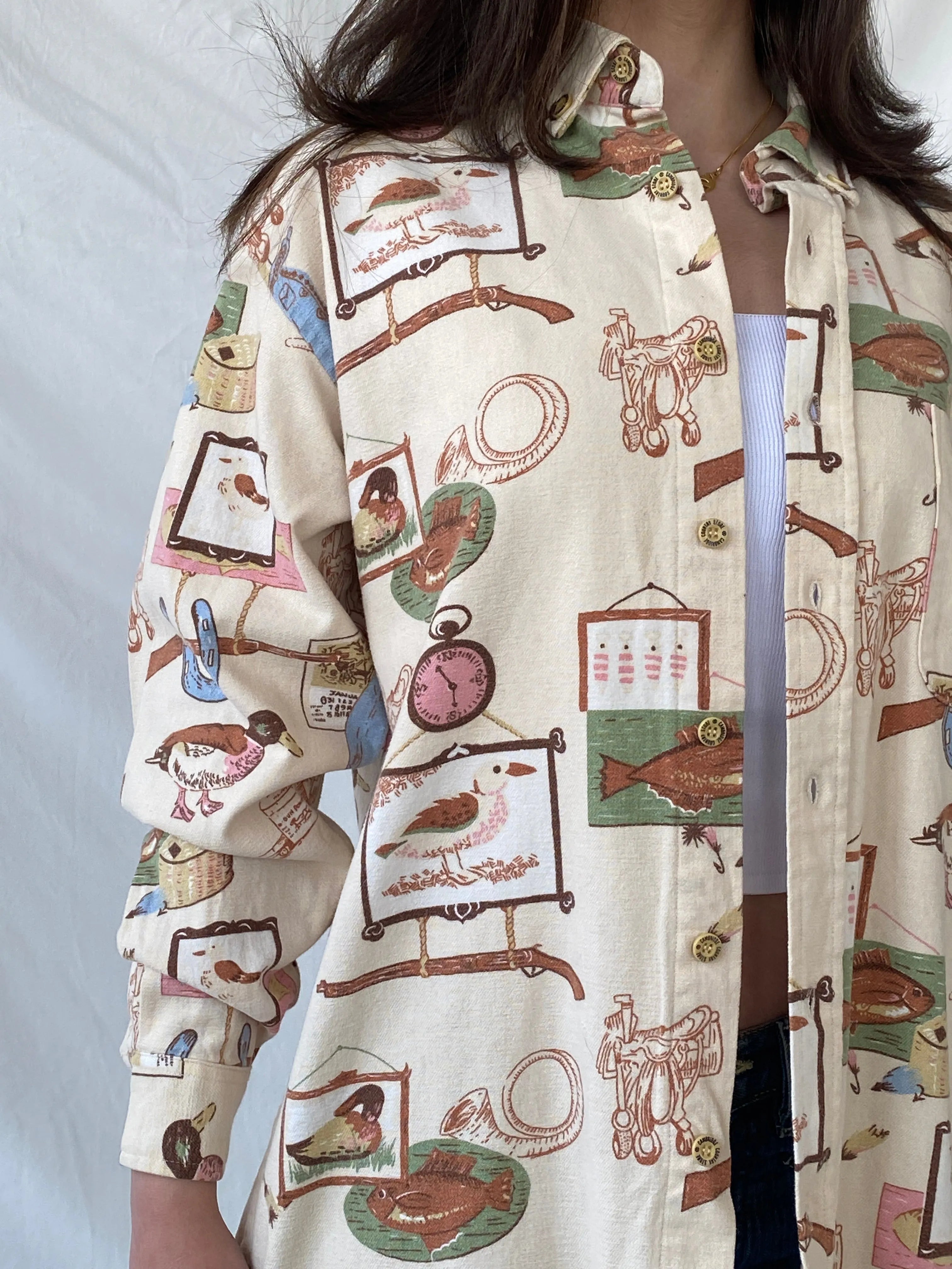 Vintage Cambridge Country Side Graphic Prints Beige Long Sleeve Button Up Cotton Shirt - M - Balagan Vintage Full Sleeve Shirt 90s, Christine, full sleeve shirt, winter, women shirt