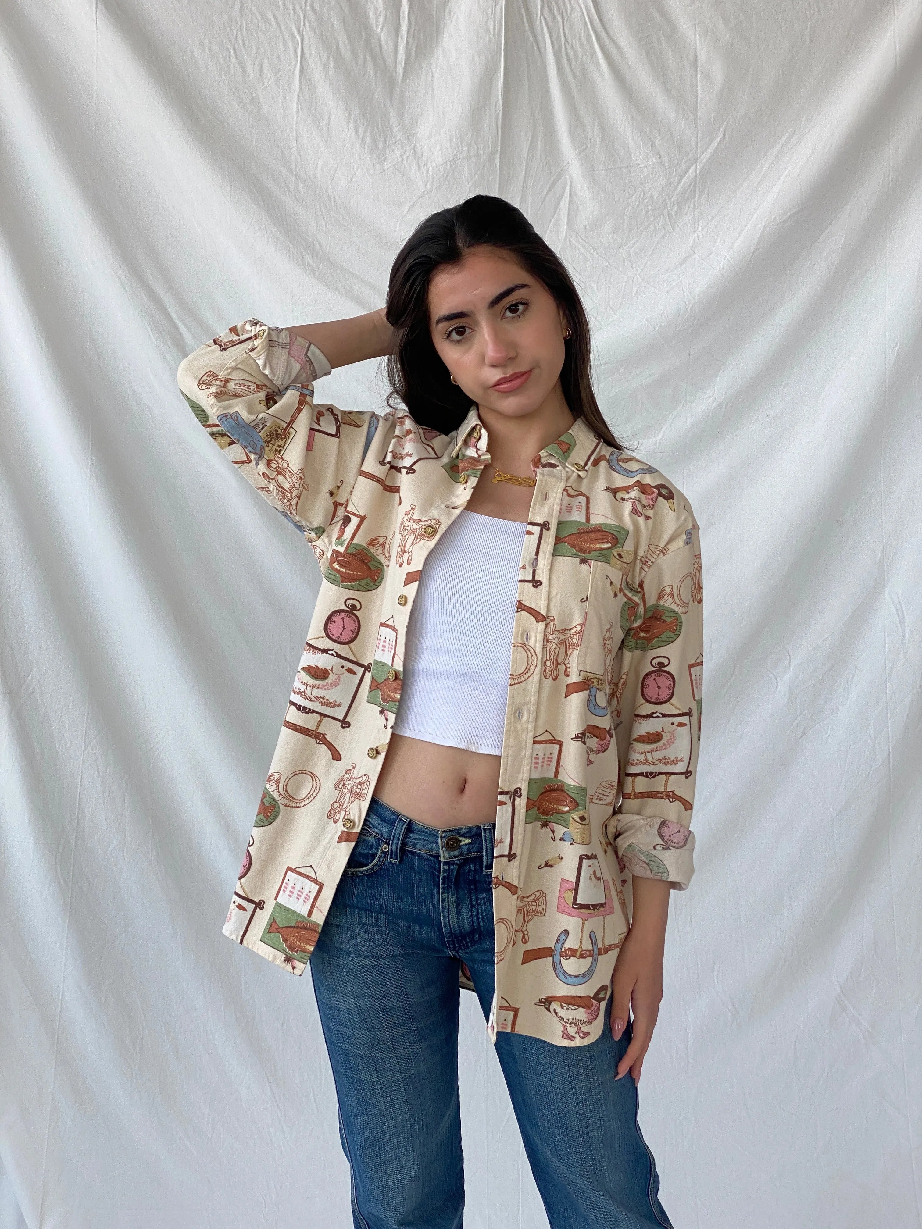 Vintage Cambridge Country Side Graphic Prints Beige Long Sleeve Button Up Cotton Shirt - M - Balagan Vintage Full Sleeve Shirt 90s, Christine, full sleeve shirt, winter, women shirt