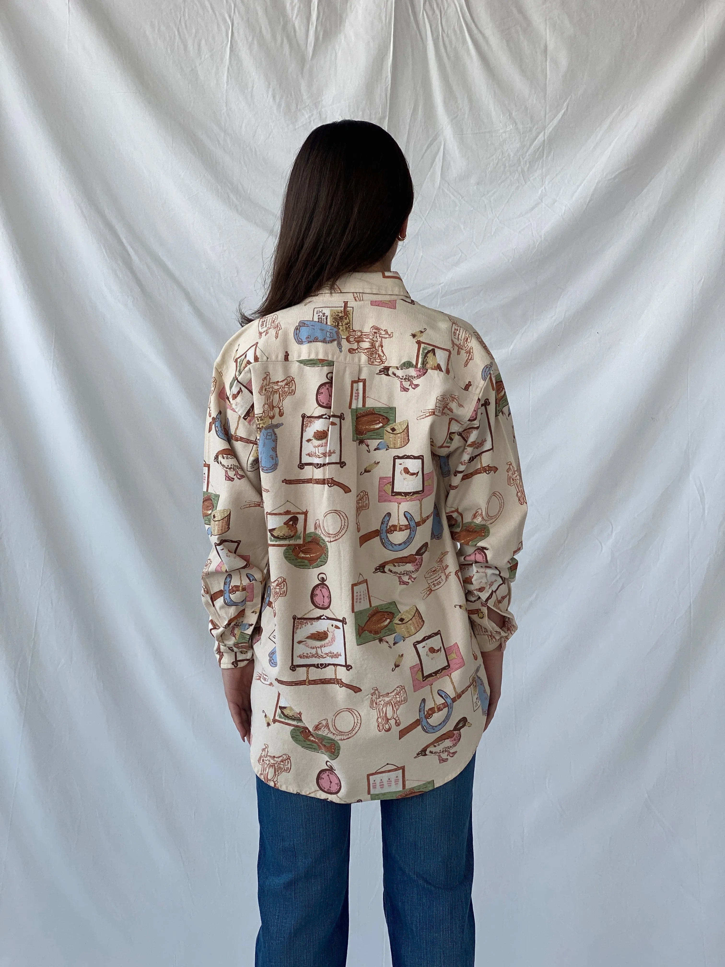 Vintage Cambridge Country Side Graphic Prints Beige Long Sleeve Button Up Cotton Shirt - M - Balagan Vintage Full Sleeve Shirt 90s, Christine, full sleeve shirt, winter, women shirt